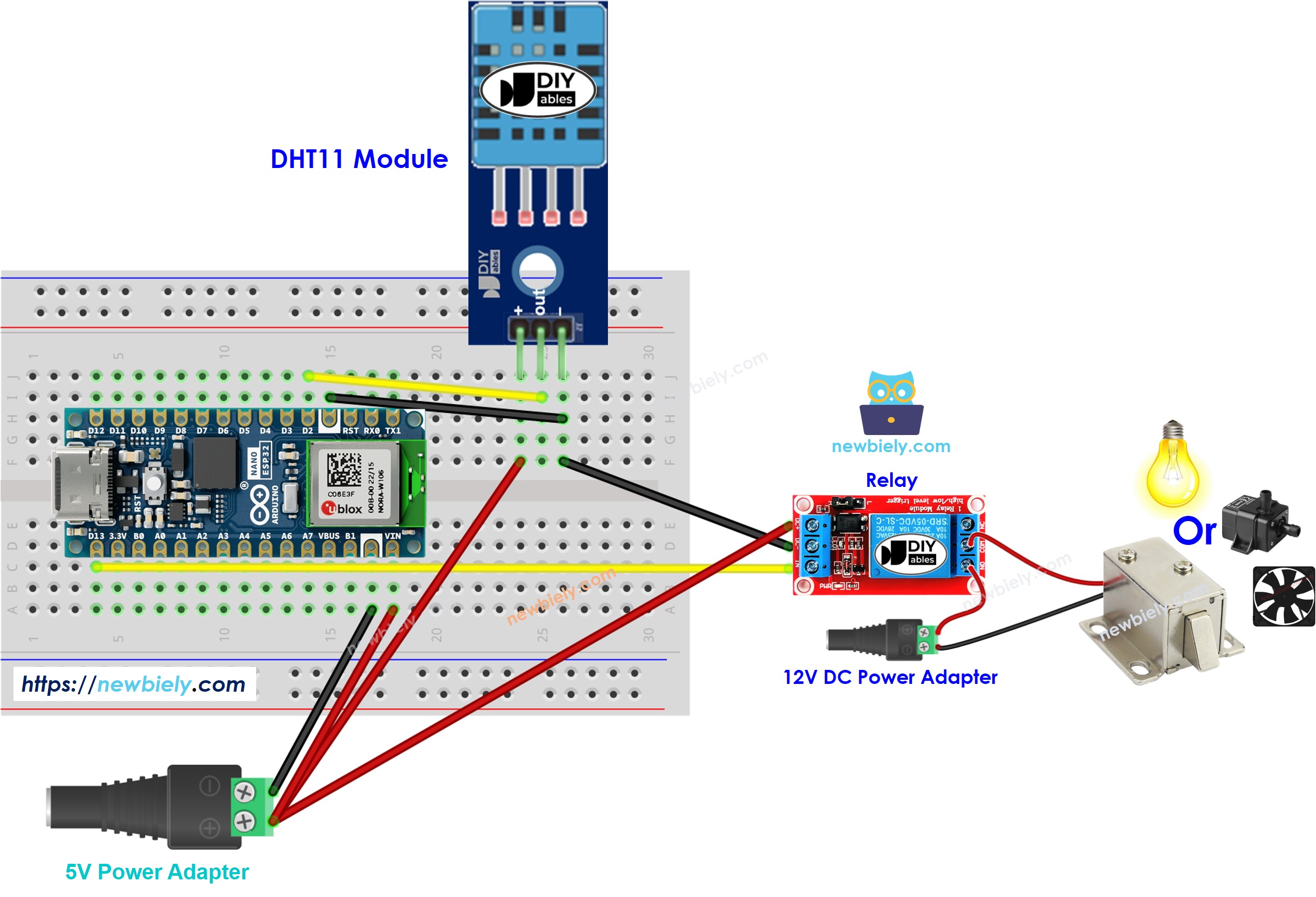 Diagrama de cableado del sensor DHT11 y del relé para Arduino Nano ESP32