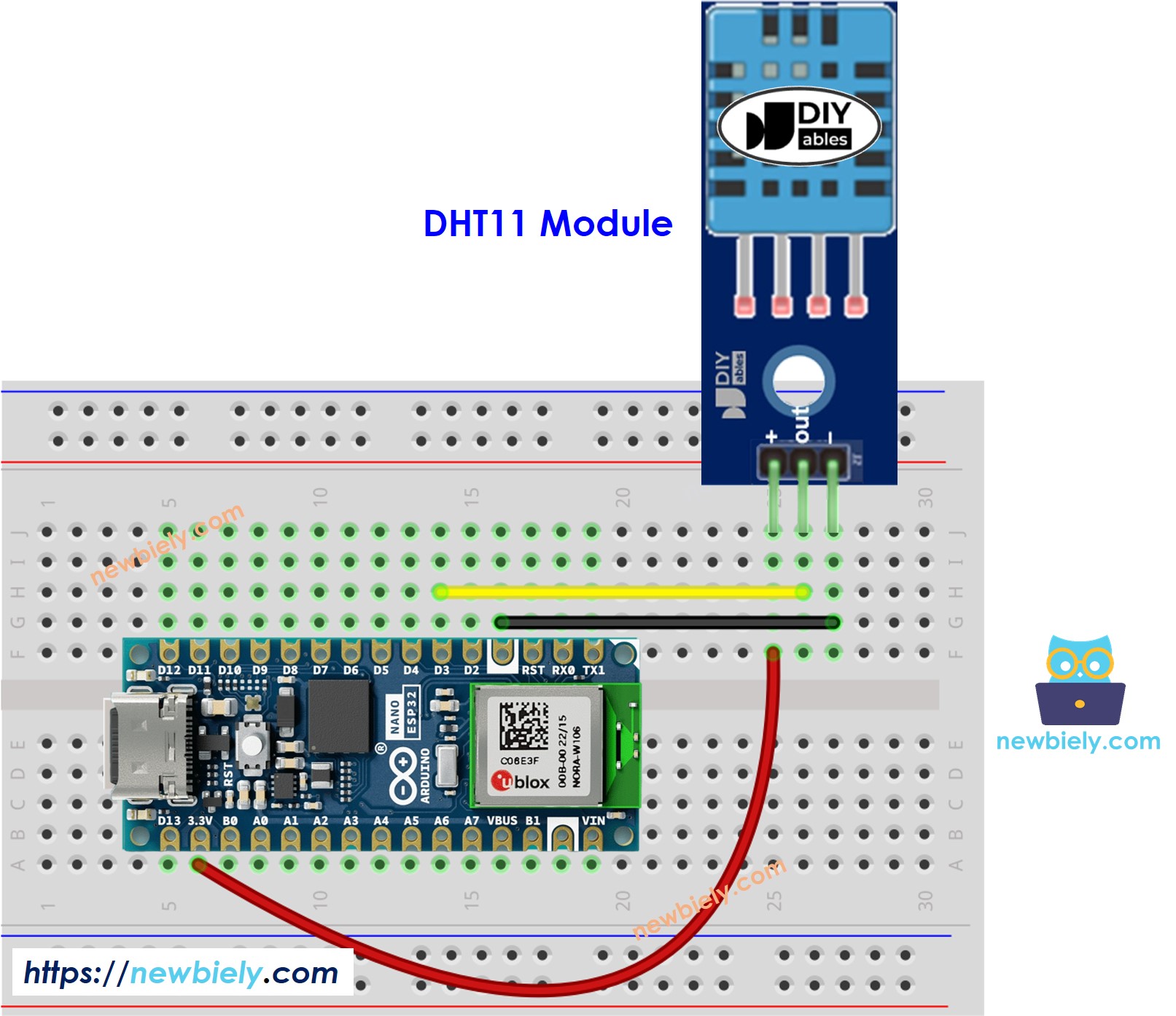 Diagrama de cableado del módulo DHT11 de temperatura y humedad para Arduino Nano ESP32