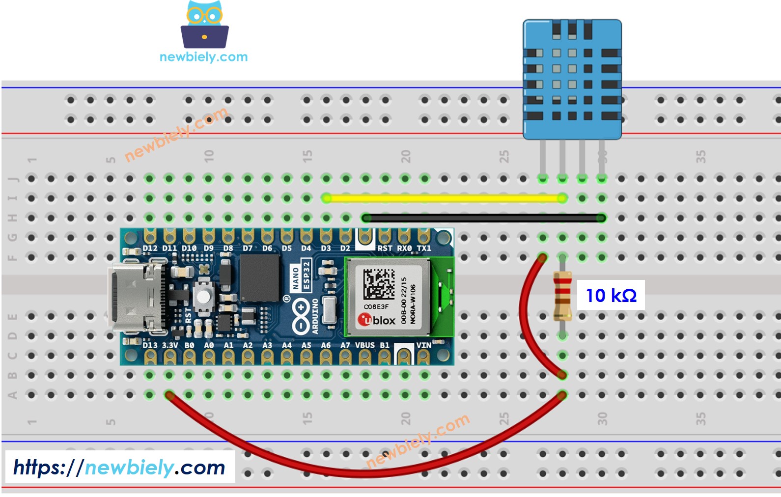 Diagrama de cableado del sensor DHT11 de temperatura y humedad para Arduino Nano ESP32