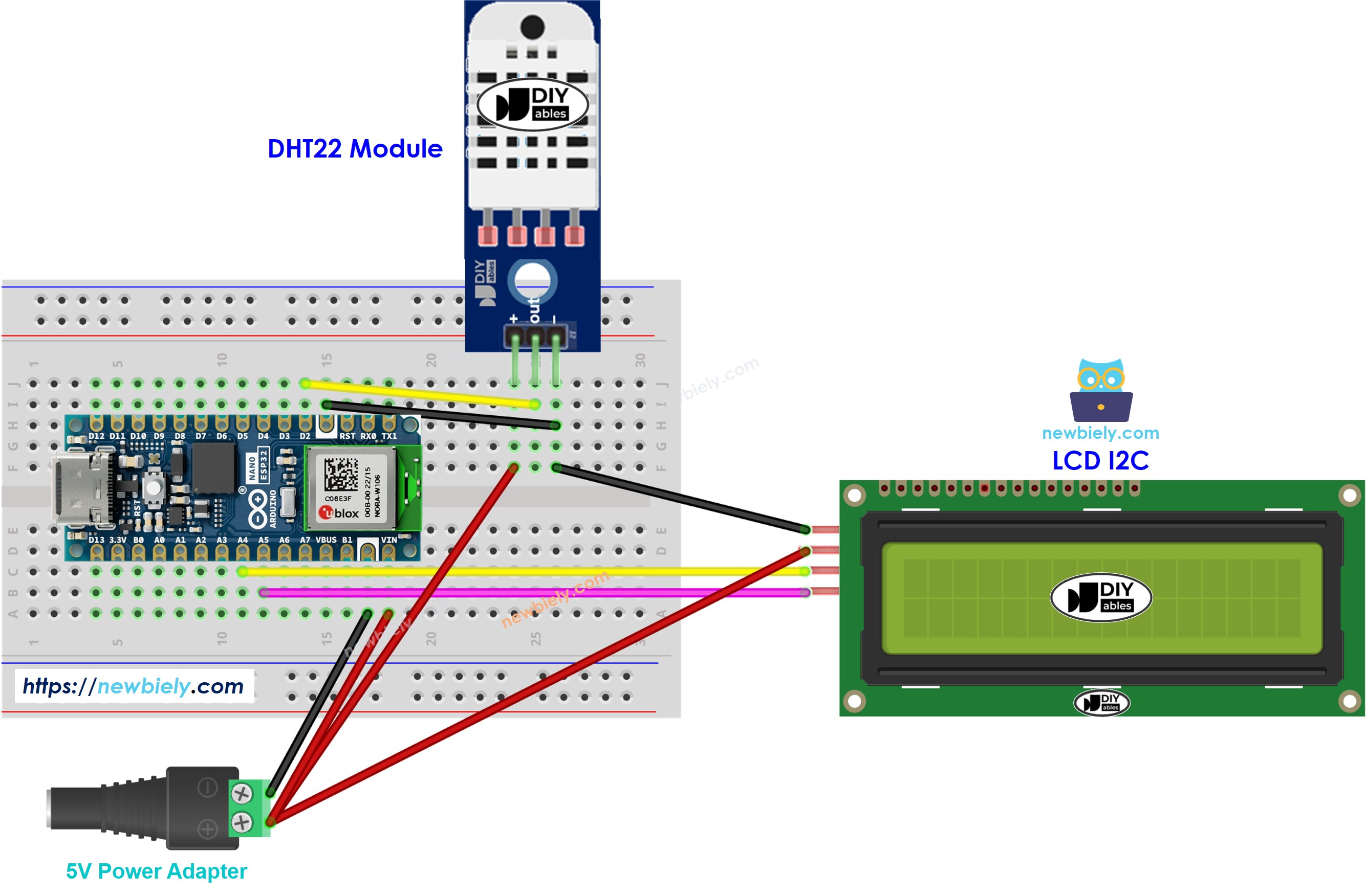 Diagrama de cableado de Arduino Nano ESP32, módulo DHT22 y LCD