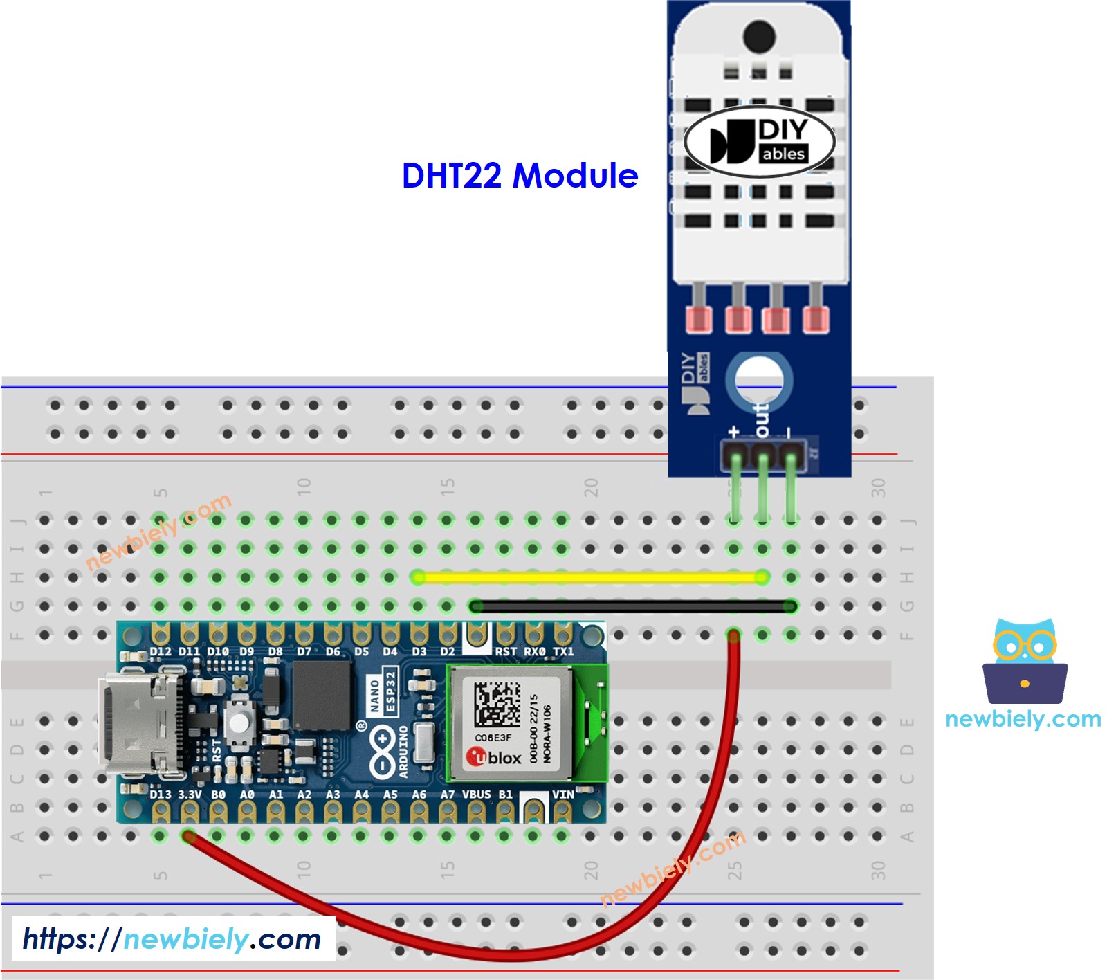 Diagrama de cableado del módulo de temperatura y humedad DHT22 para Arduino Nano ESP32