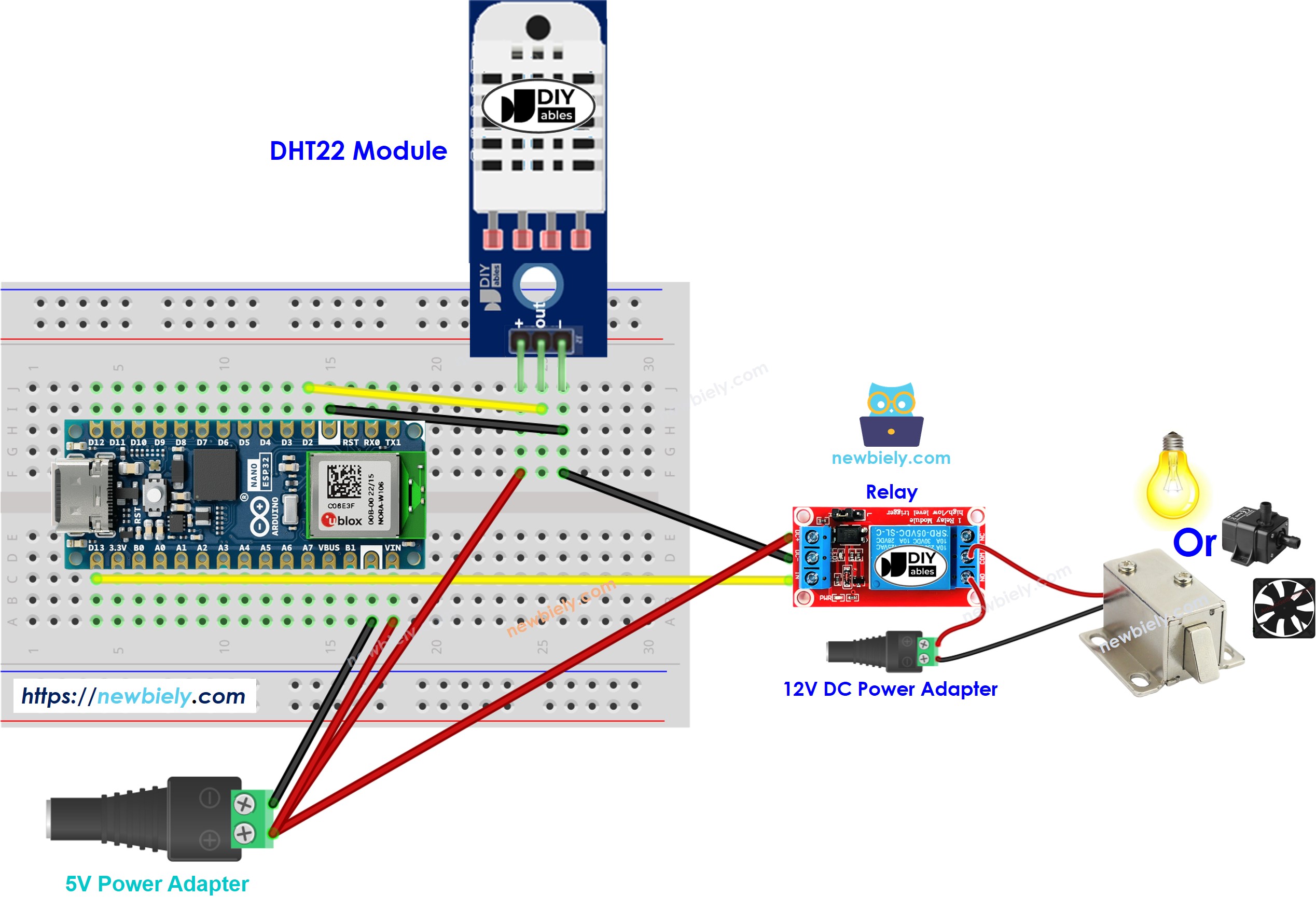 Diagrama de cableado para Arduino Nano ESP32 con sensor DHT22 y relé