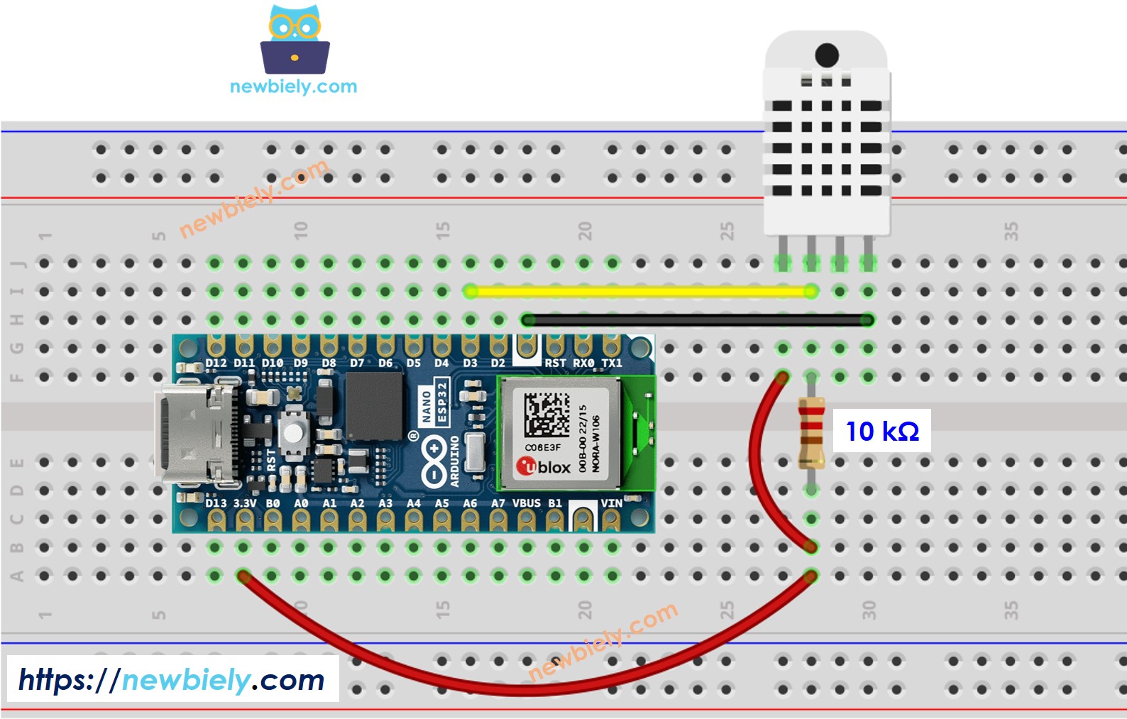 Diagrama de cableado del sensor de temperatura y humedad DHT22 para Arduino Nano ESP32