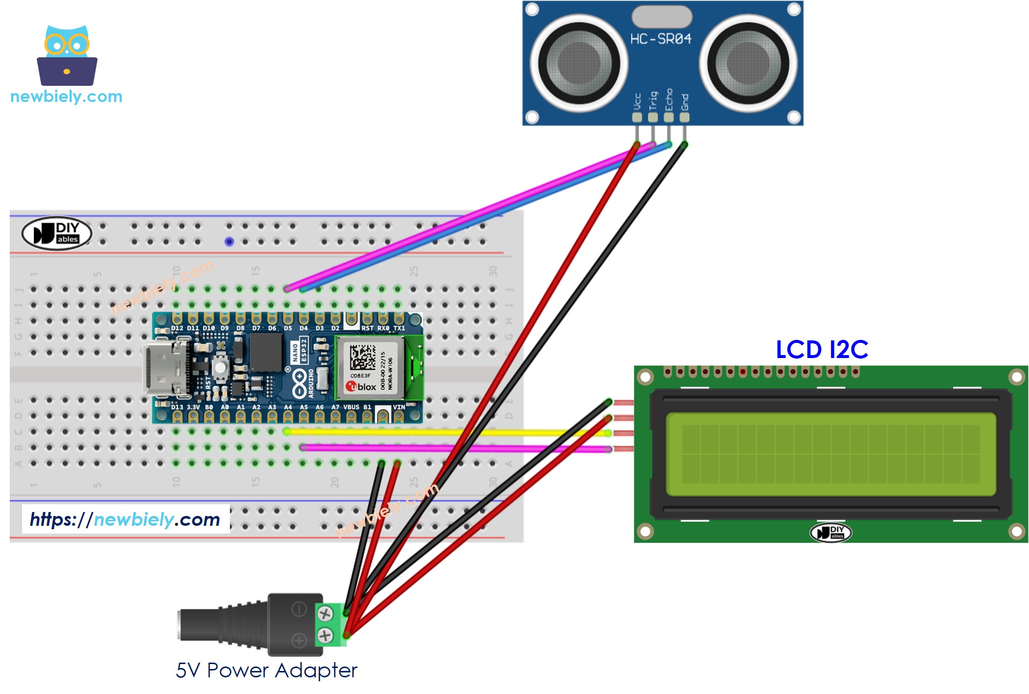 Diagrama de cableado de Arduino Nano ESP32 con sensor ultrasónico y LCD