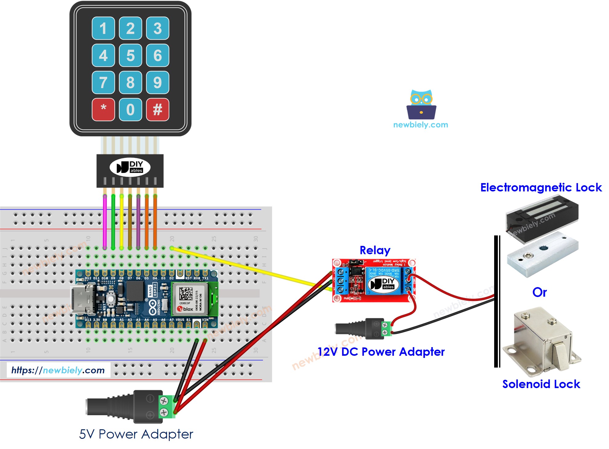 Diagrama de cableado del sistema de cerradura de puerta con Arduino Nano ESP32