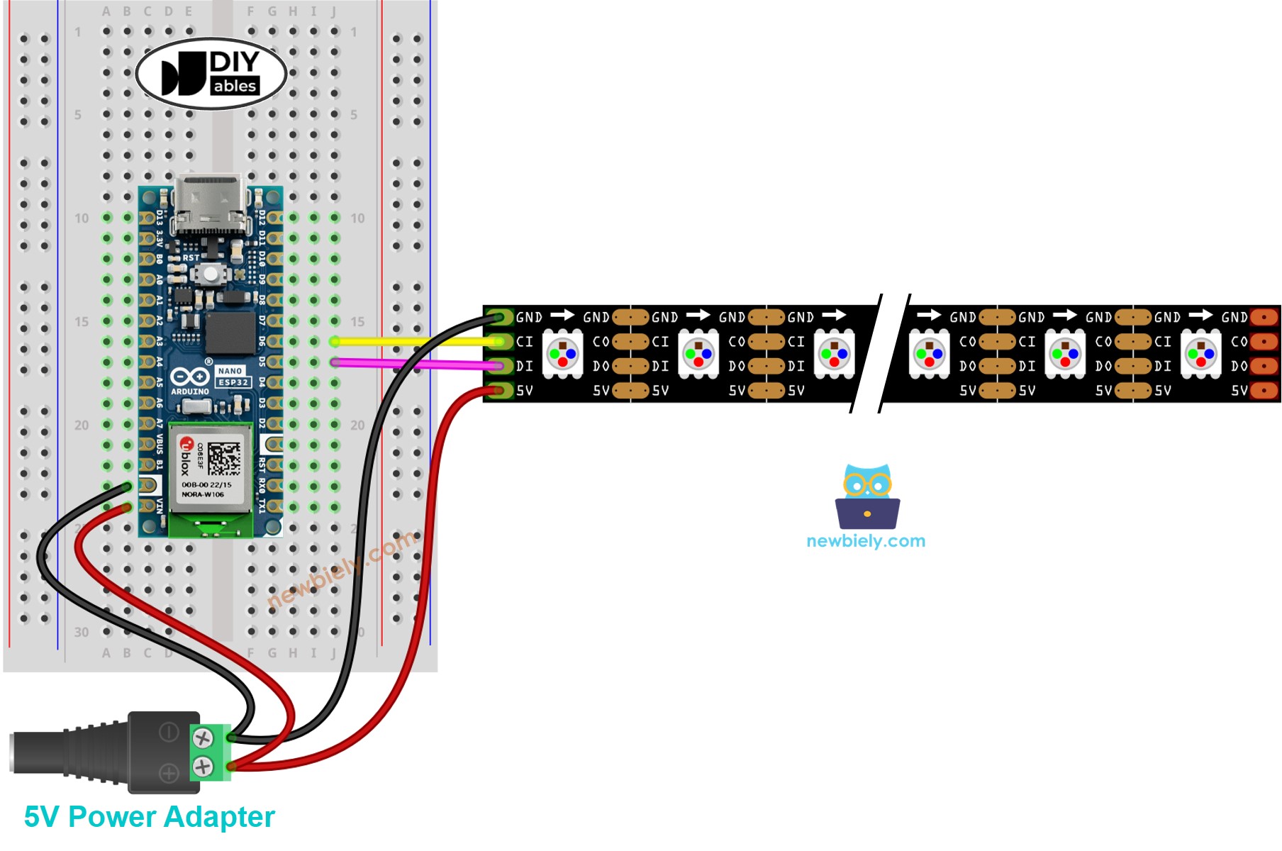 Diagrama de cableado de la tira de LEDs RGB DotStar para Arduino Nano ESP32