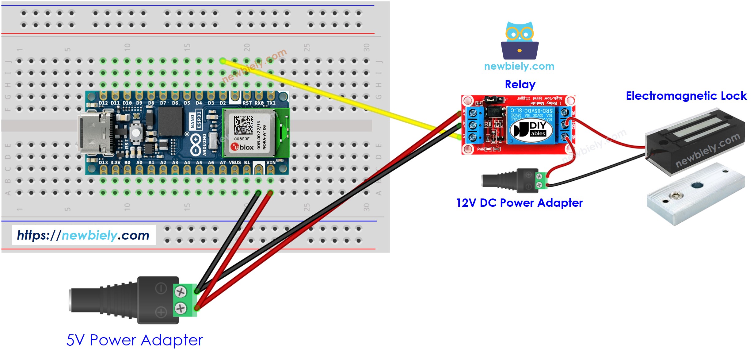 Diagrama de cableado de la cerradura electromagnética para Arduino Nano ESP32