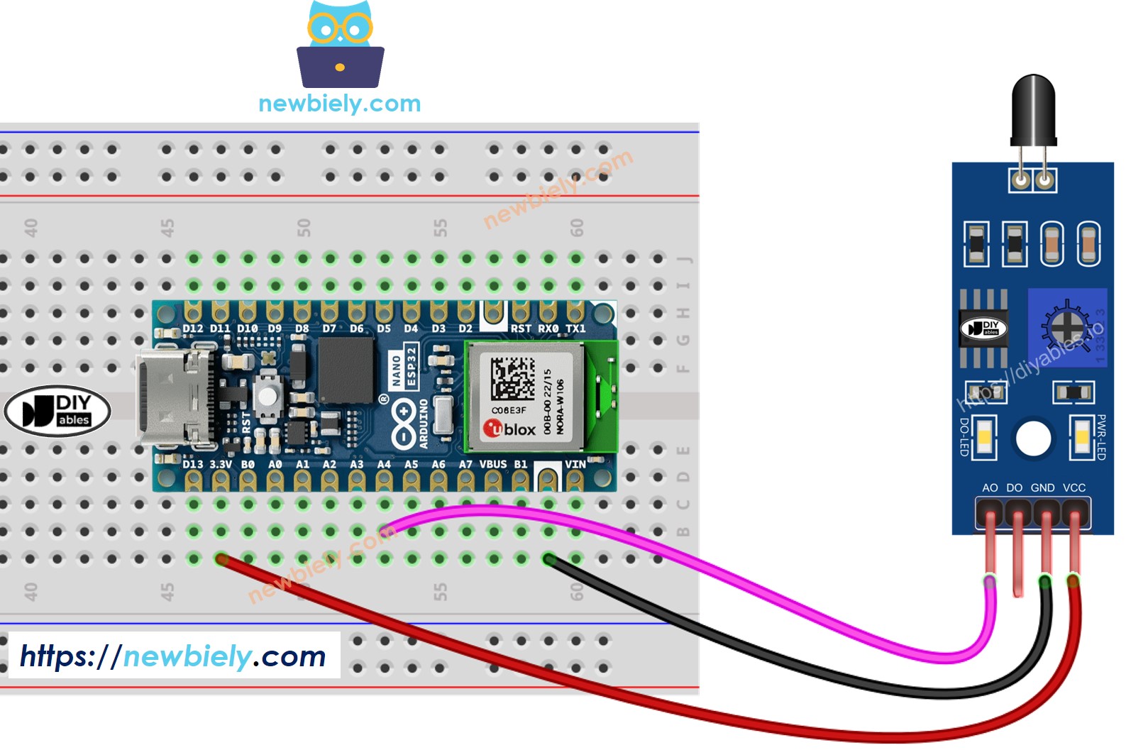 Diagrama de cableado del sensor de incendio Arduino Nano ESP32