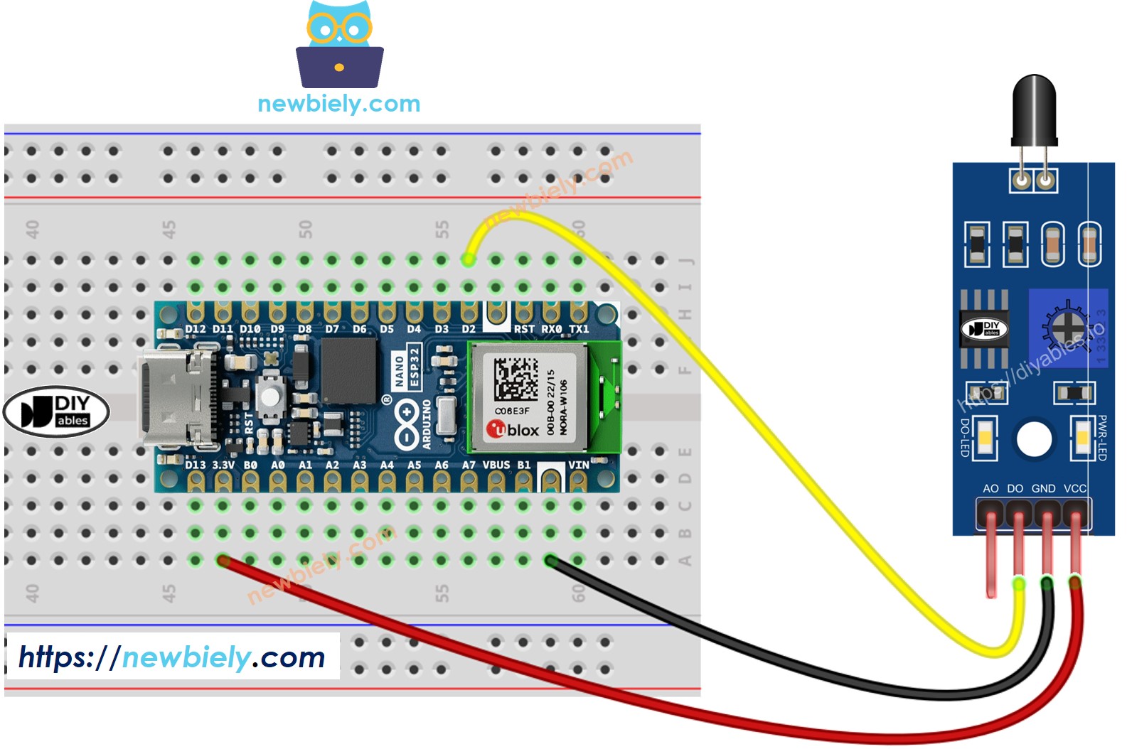 Diagrama de cableado del sensor de llama para Arduino Nano ESP32