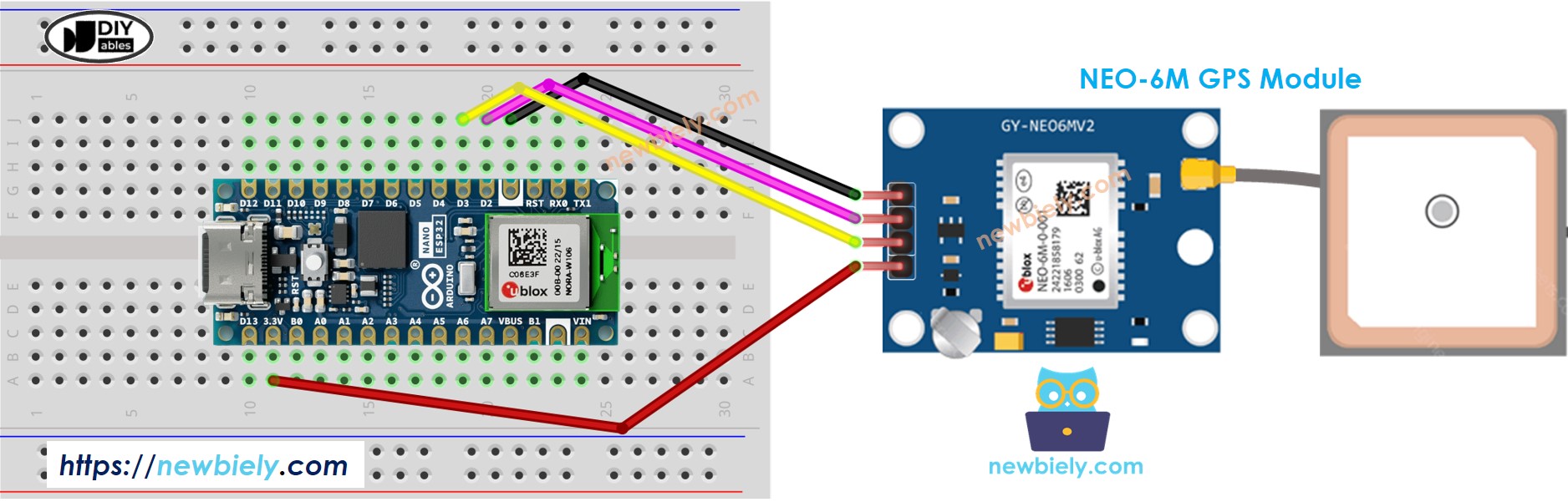 Diagrama de cableado del módulo GPS para Arduino Nano ESP32