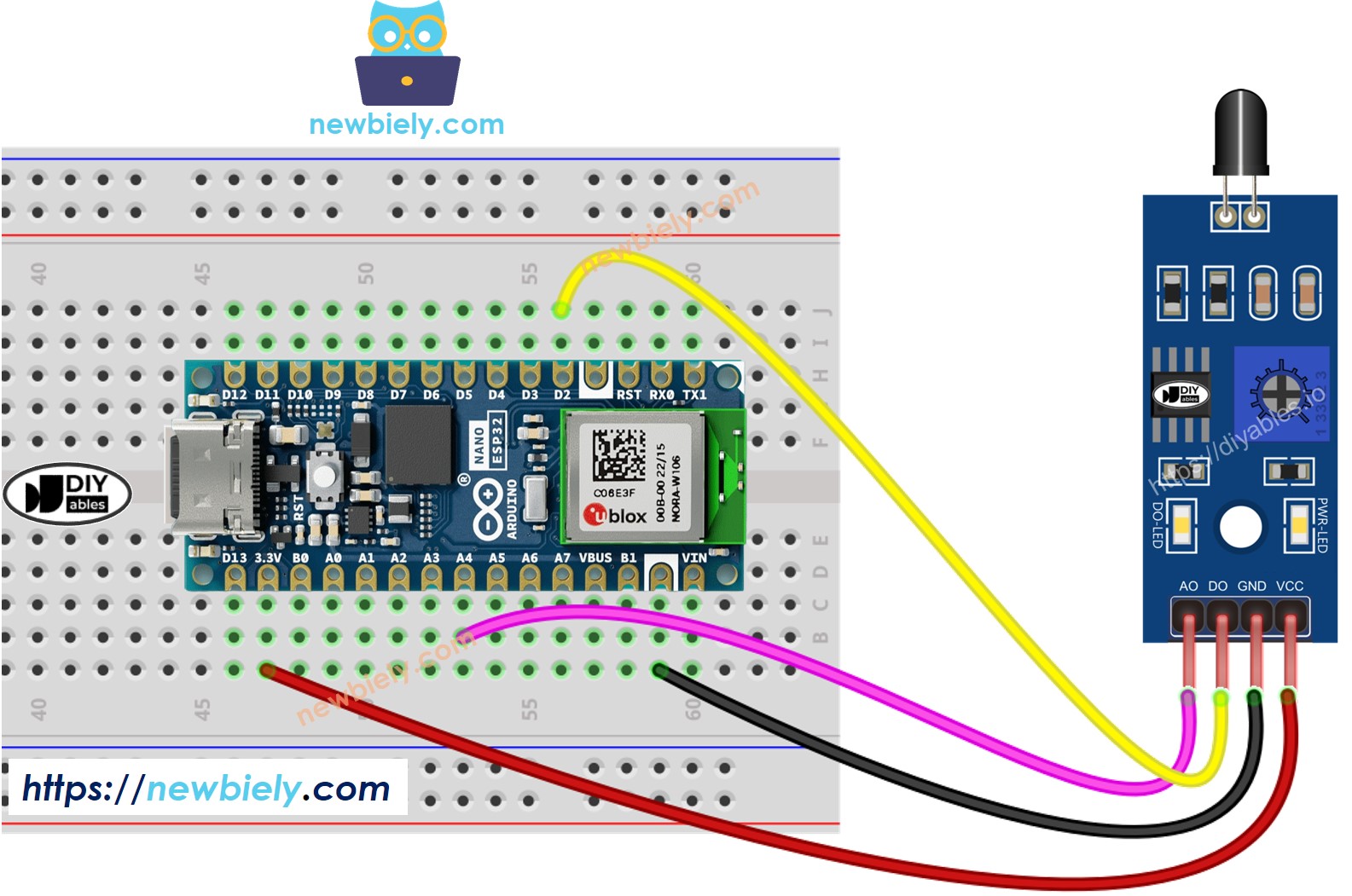 Diagrama de cableado del sensor infrarrojo de llama para Arduino Nano ESP32