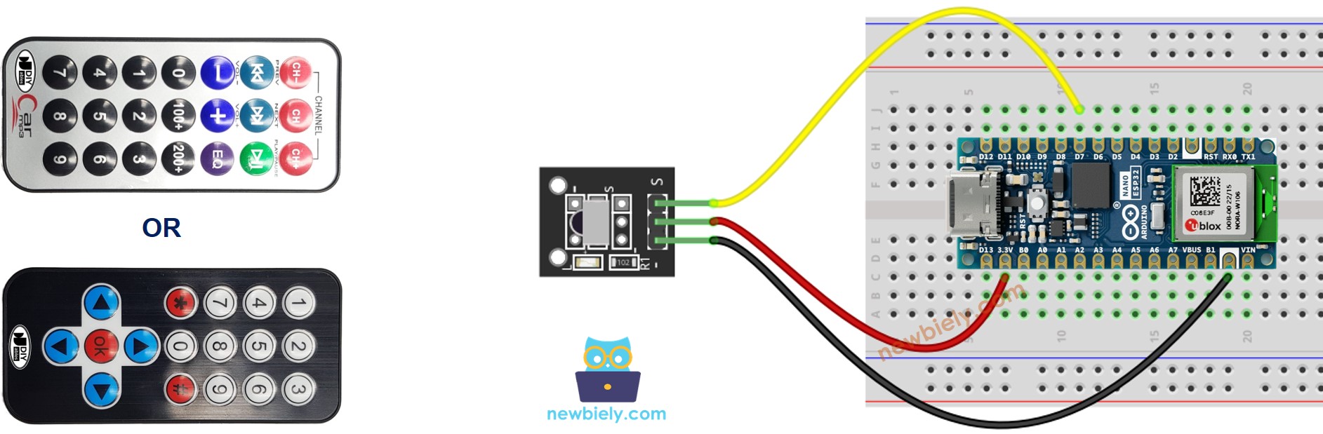 Diagrama de cableado del control remoto IR para Arduino Nano y ESP32
