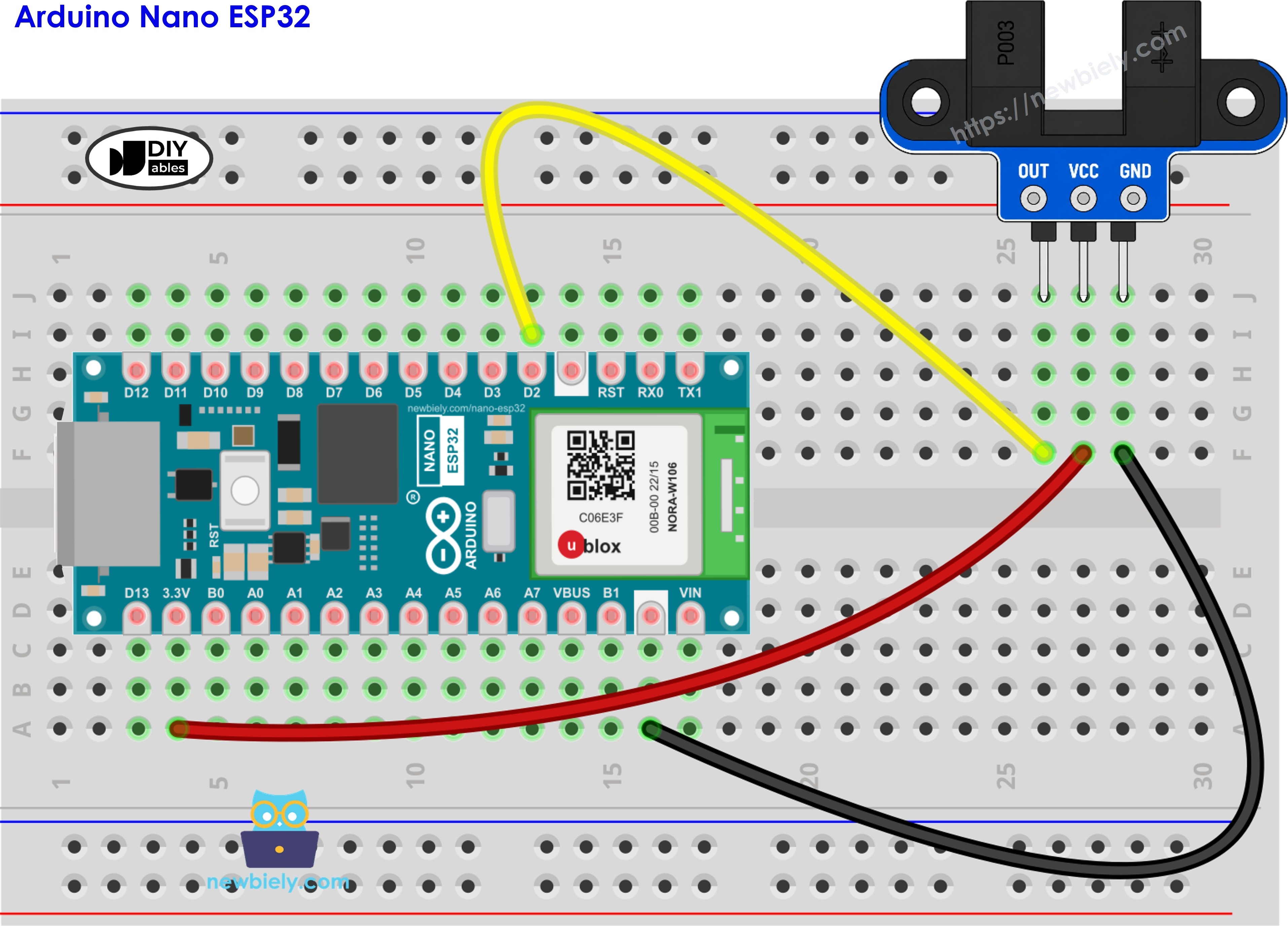 Diagrama de cableado del sensor de velocidad óptico ranurado IR con Arduino Nano ESP32