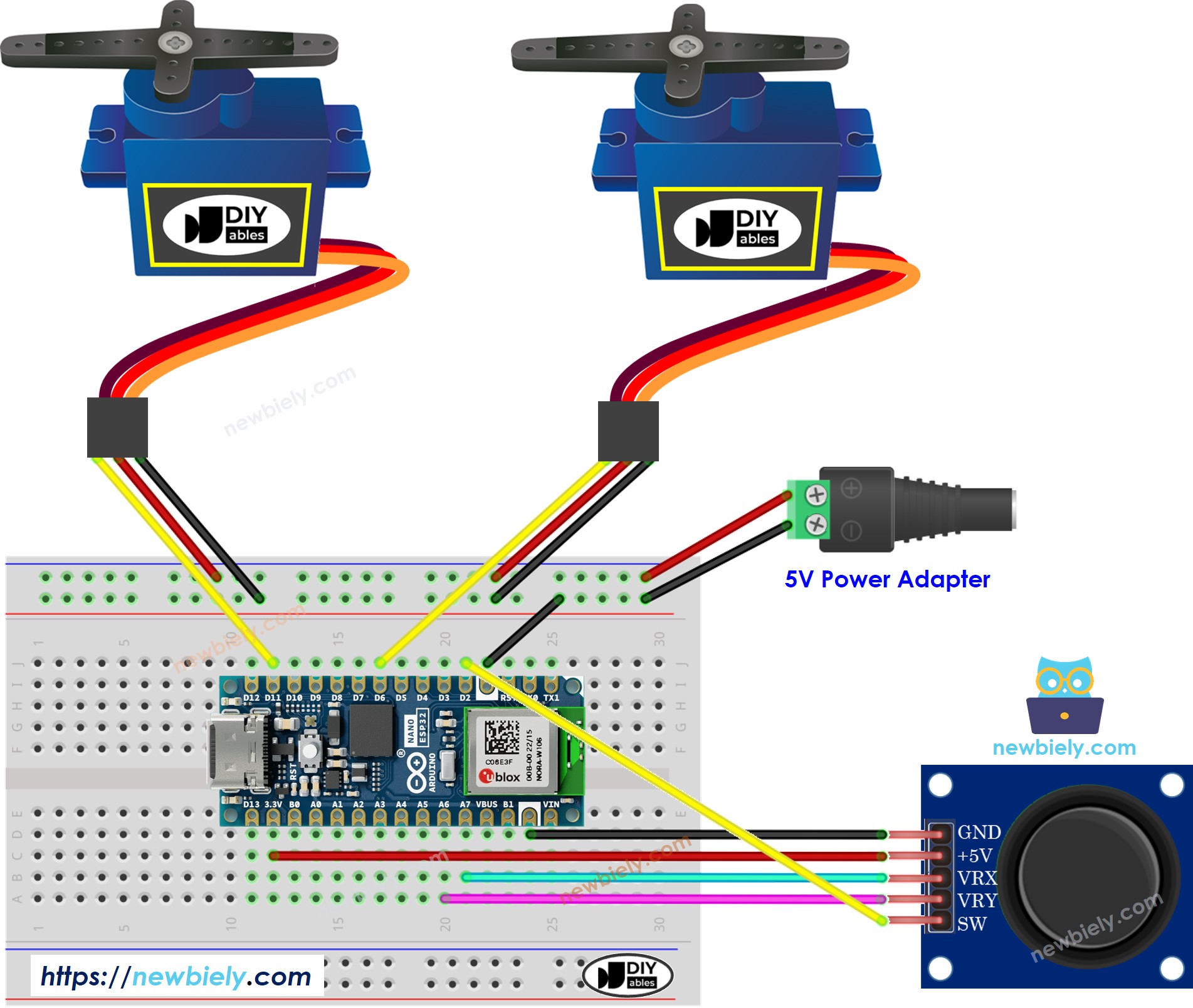 Diagrama de cableado de joystick y motor servo para Arduino Nano ESP32