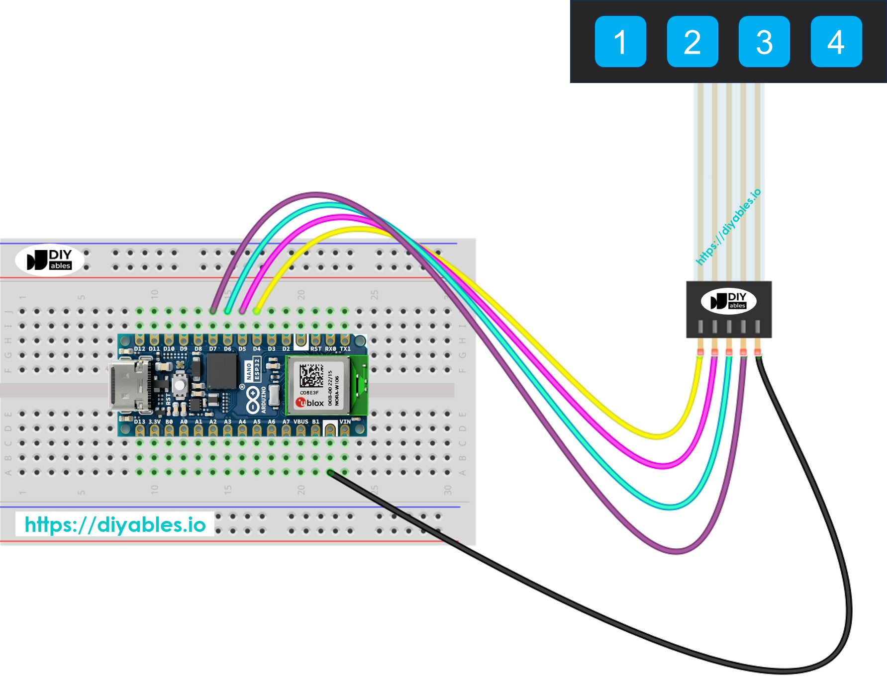 Diagrama de cableado del teclado 1x4 para Arduino Nano ESP32