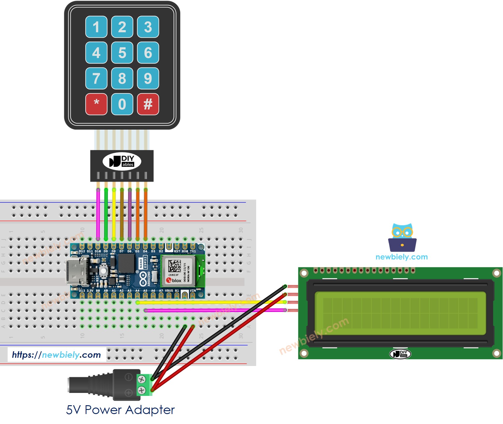 Diagrama de cableado del LCD y del teclado para Arduino Nano ESP32