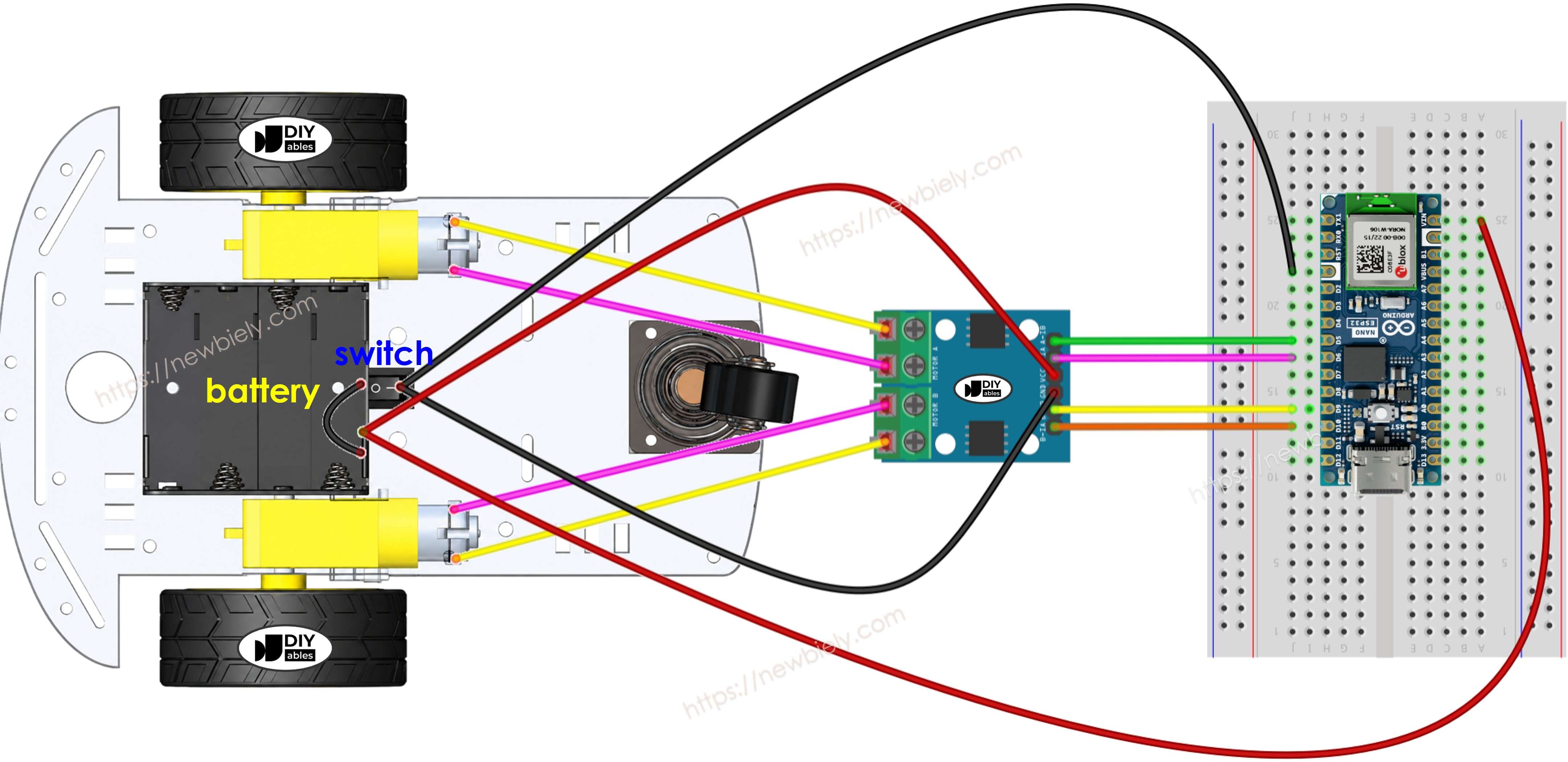 Diagrama de cableado de Arduino Nano ESP32 para coche RC de dos ruedas motrices