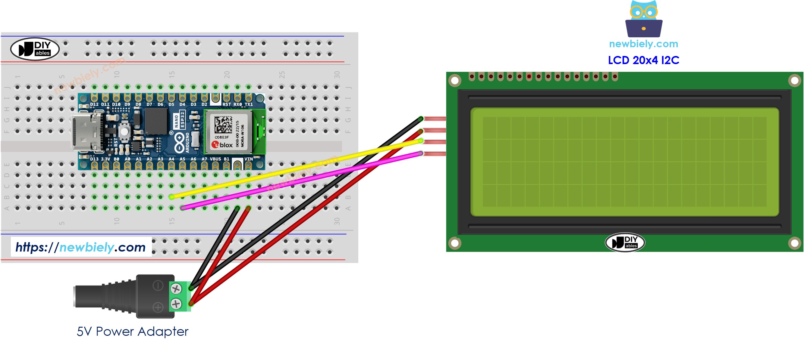Diagrama de cableado de la fuente de alimentación externa para Arduino Nano ESP32 LCD 20x4 I2C