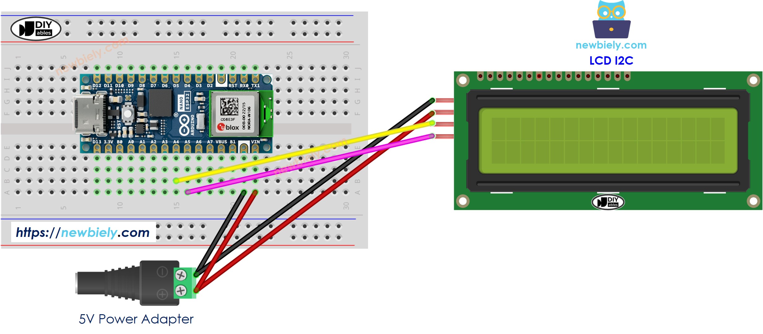 Diagrama de cableado de la fuente de alimentación de 5V para Arduino Nano ESP32 LCD I2C