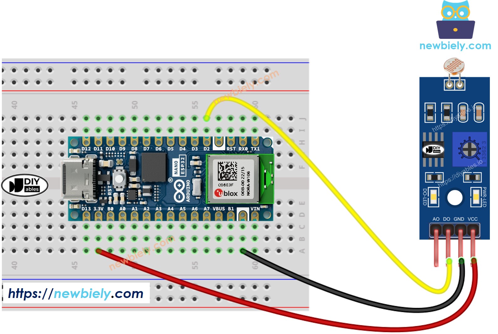 Diagrama de cableado del módulo sensor de luz LDR para Arduino Nano ESP32