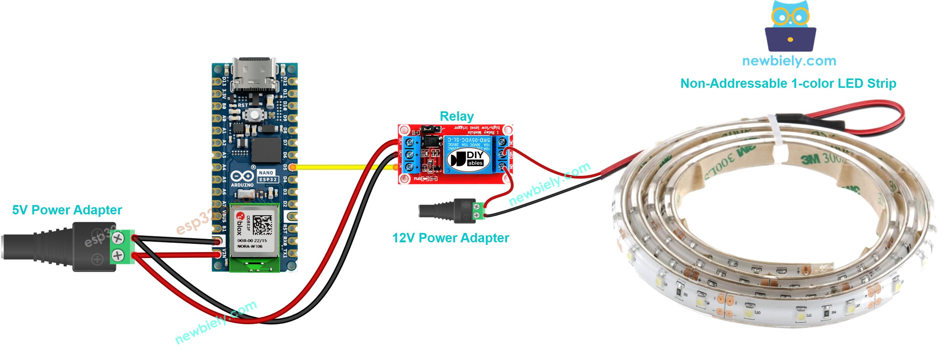 Diagrama de cableado de Arduino Nano ESP32 para tira de LEDs de 12 V