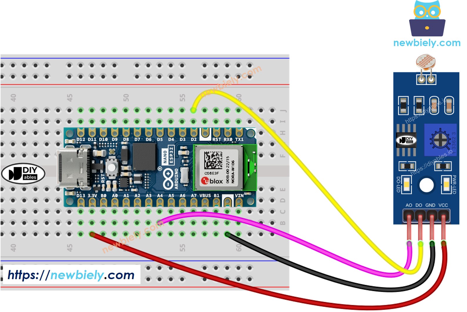 Diagrama de cableado del módulo de sensor de luz Arduino Nano ESP32