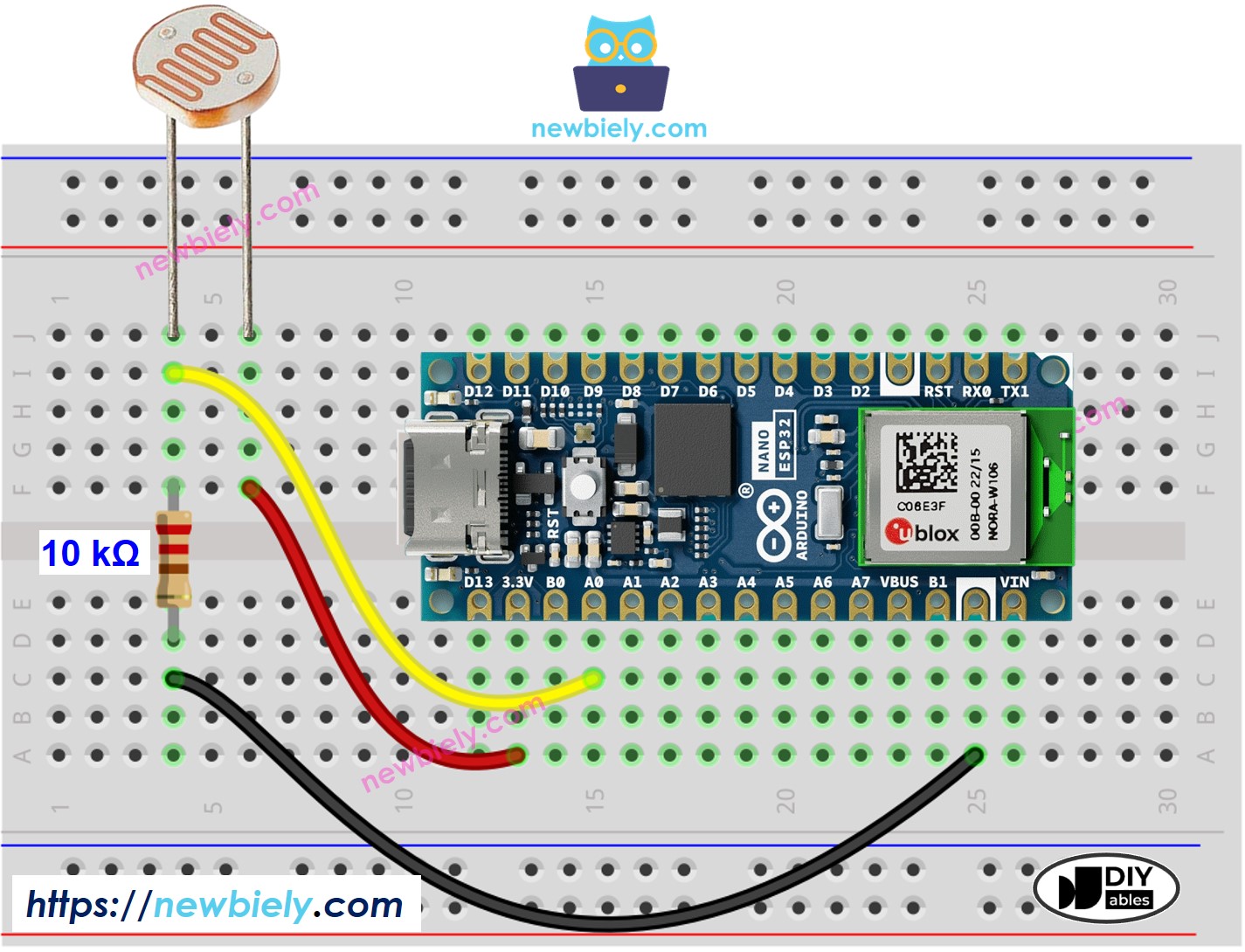 Diagrama de cableado del sensor de luz para Arduino Nano ESP32