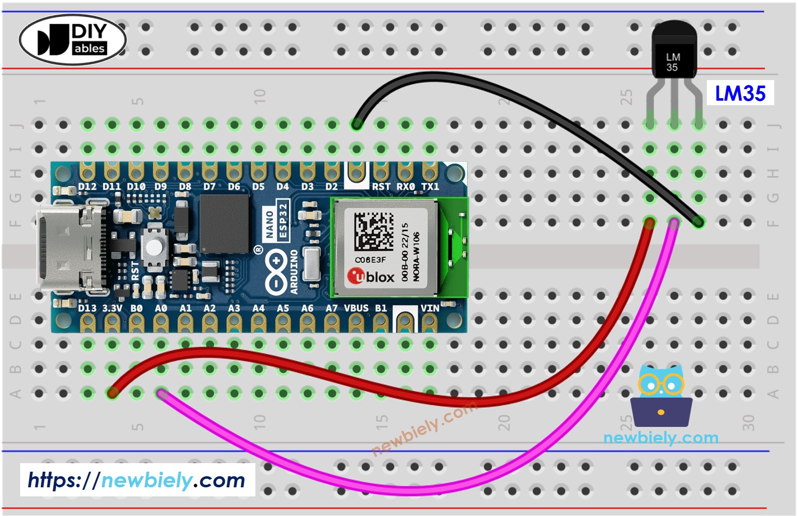 Diagrama de cableado para sensor de temperatura LM35 con Arduino Nano ESP32