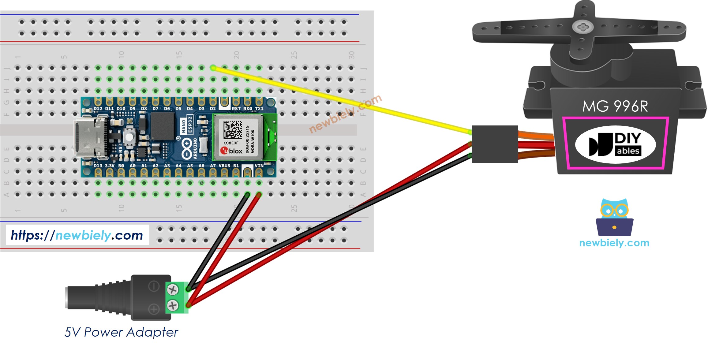 Diagrama de cableado de alimentación externa para el servo MG996R con Arduino Nano ESP32