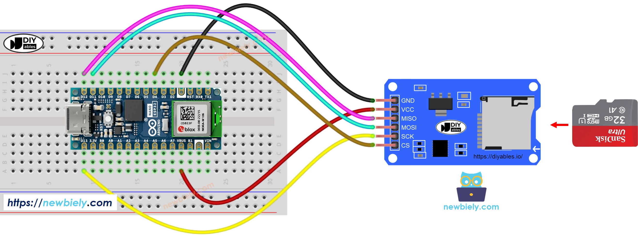 Diagrama de cableado del módulo de tarjeta microSD para Arduino Nano ESP32