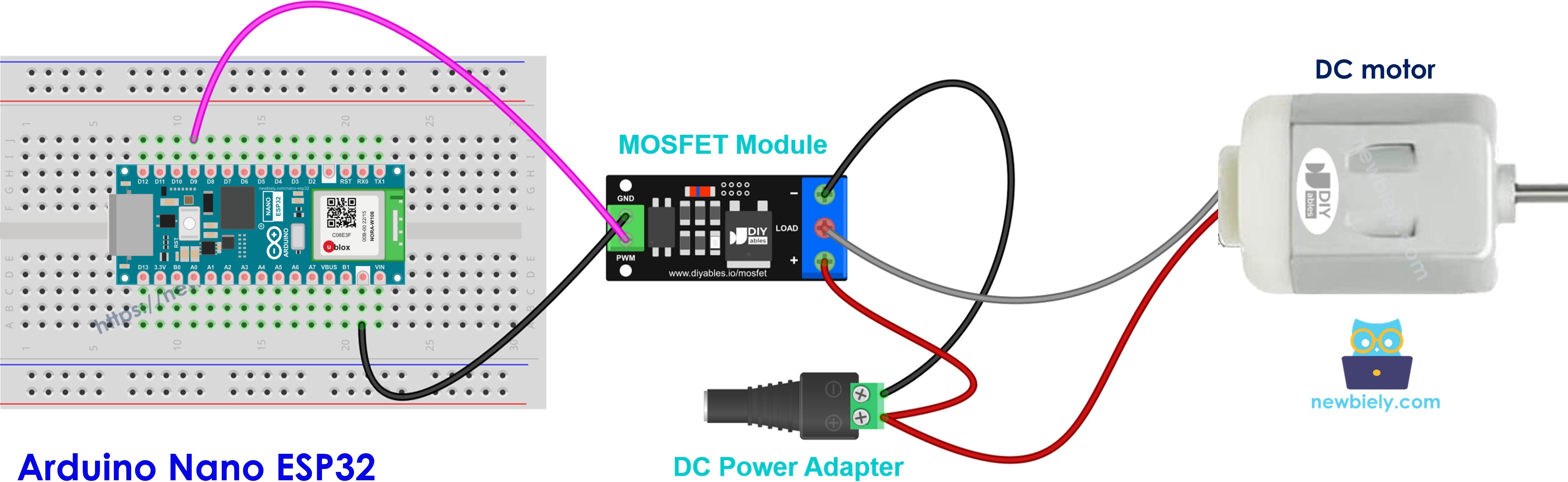 Ejemplo con Arduino Nano ESP32: módulo MOSFET controlando un motor de CC de 12 V