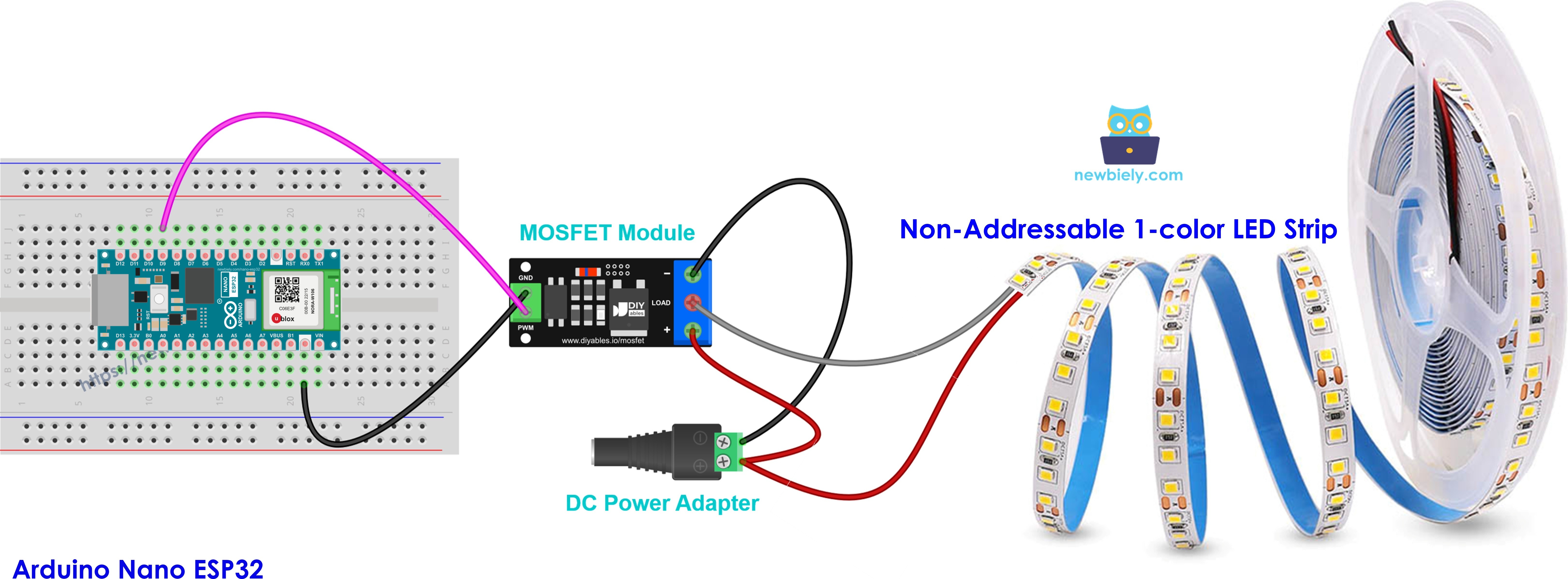 Cableado de una tira LED de 12 V de un solo color al módulo MOSFET