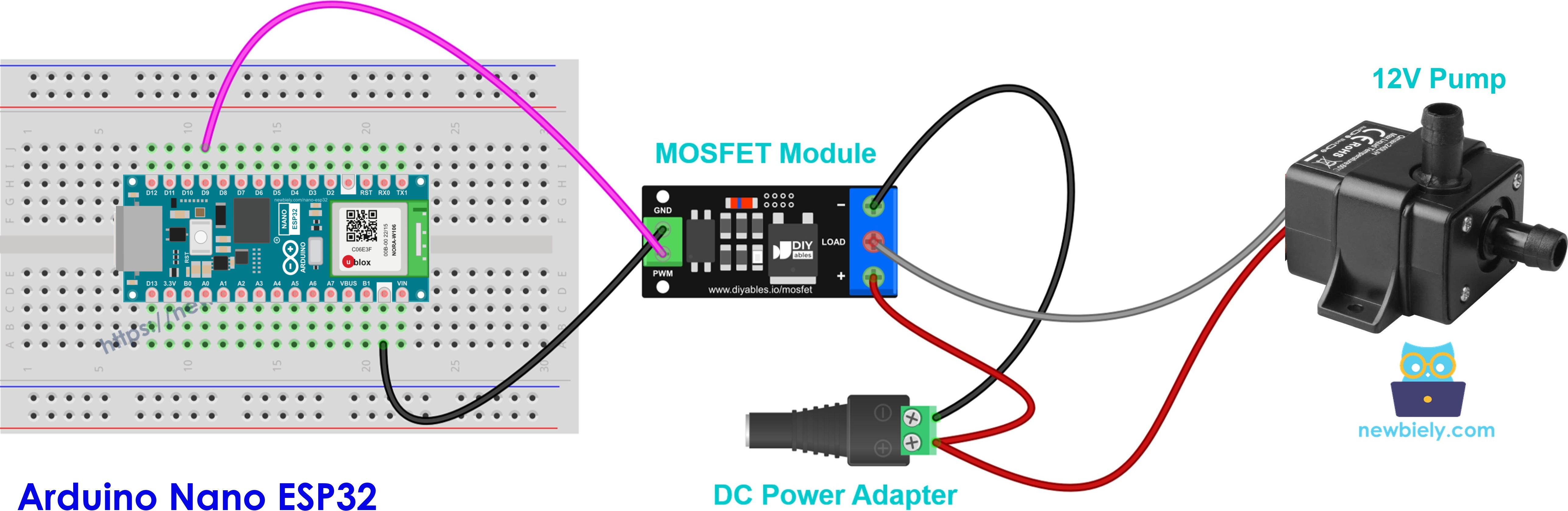 Bomba de agua de 12 V conectada al módulo MOSFET