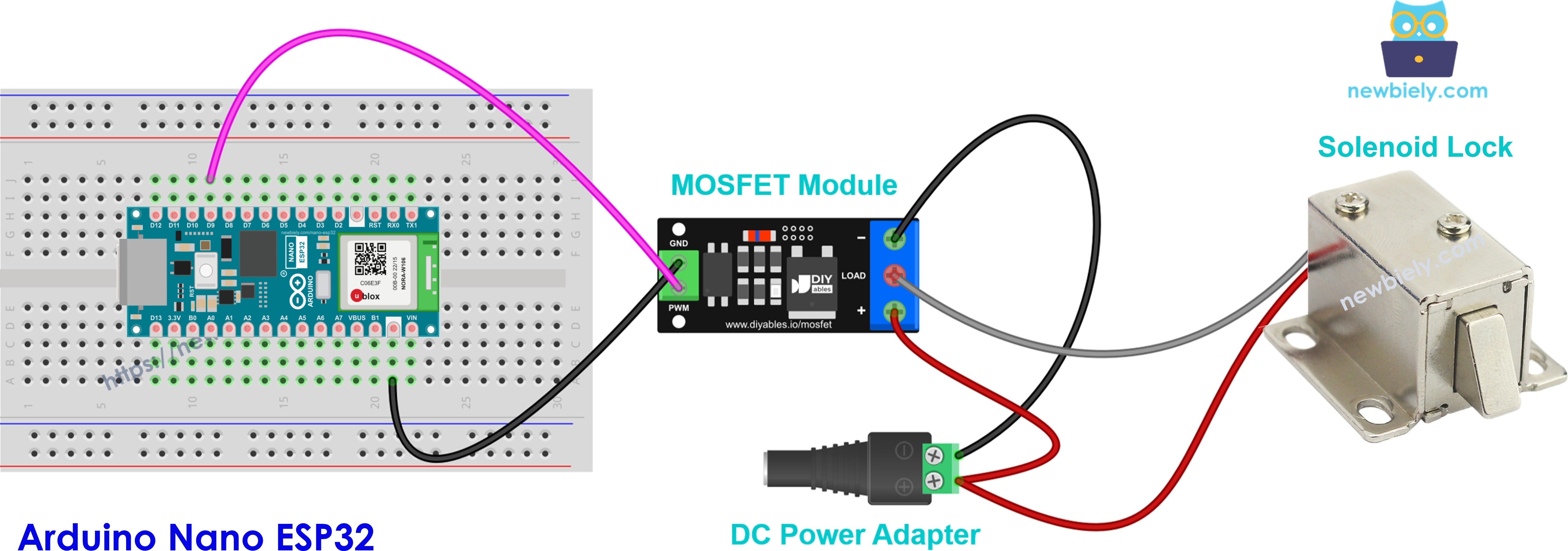 Ejemplo de módulo MOSFET con una cerradura con solenoide de 12 V