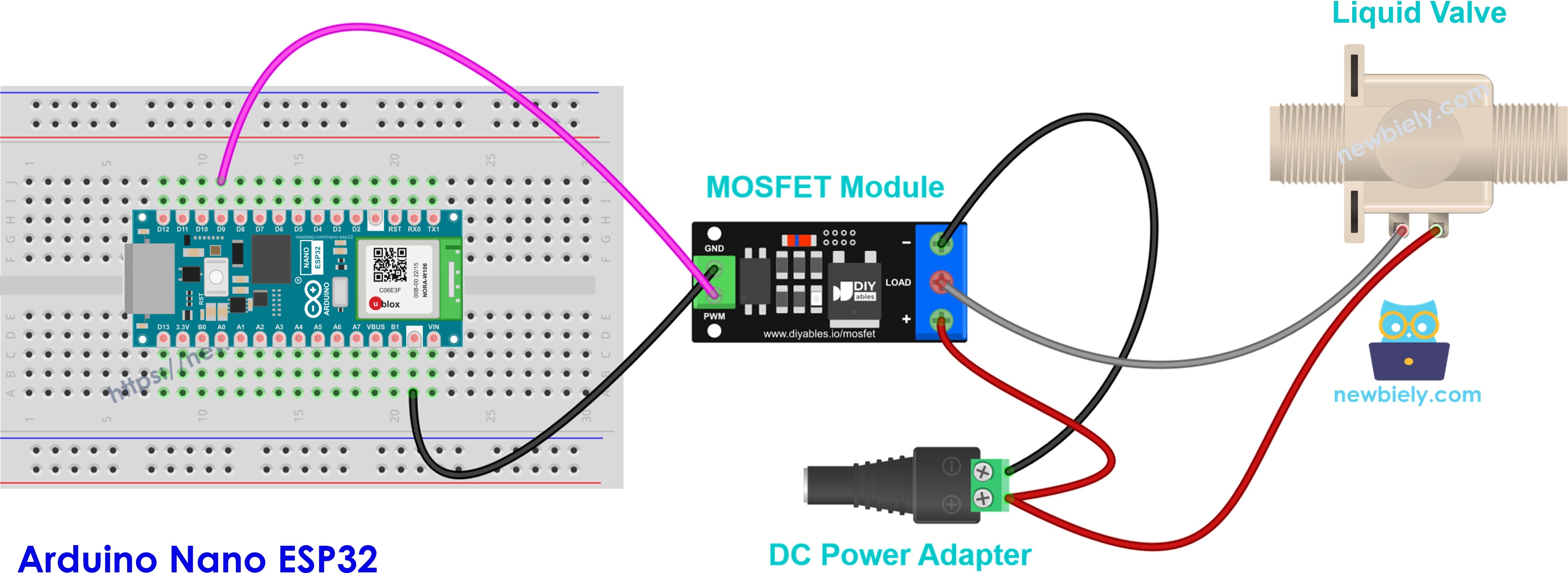 Electroválvula de 12 V normalmente cerrada conectada al módulo MOSFET