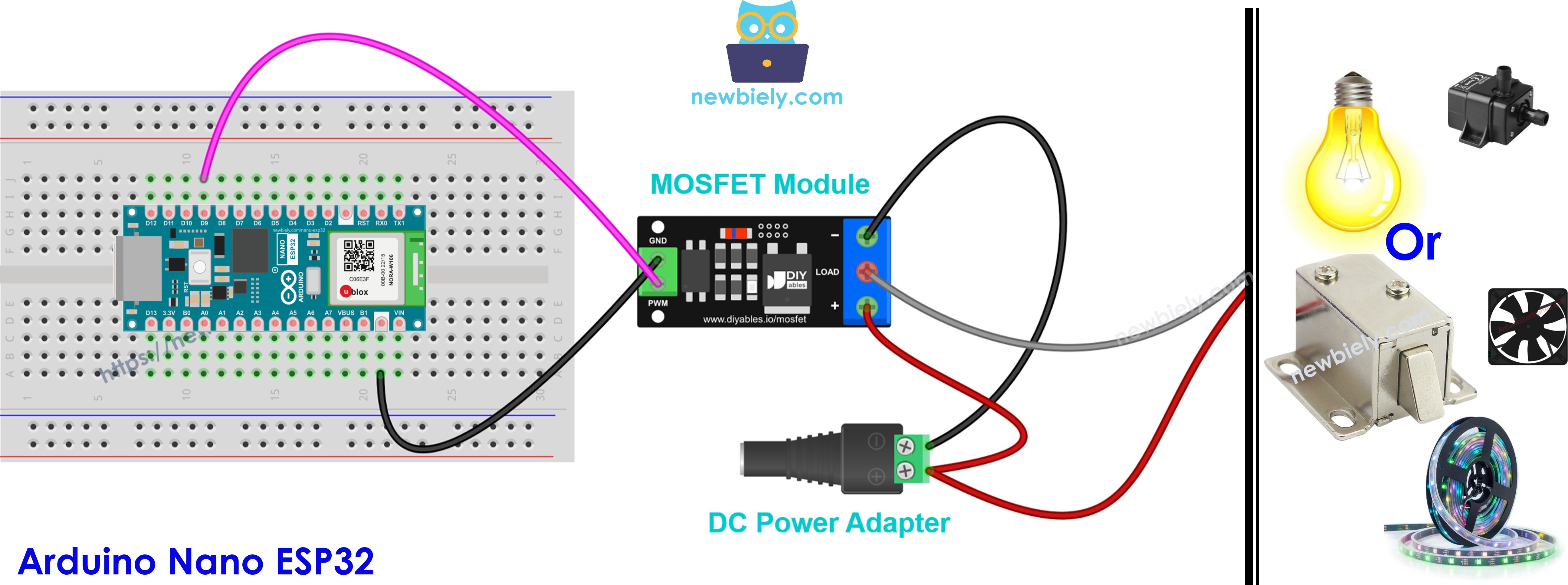Diagrama de cableado del Arduino Nano ESP32 con módulo MOSFET AOD4184, LR7843 o FR120N