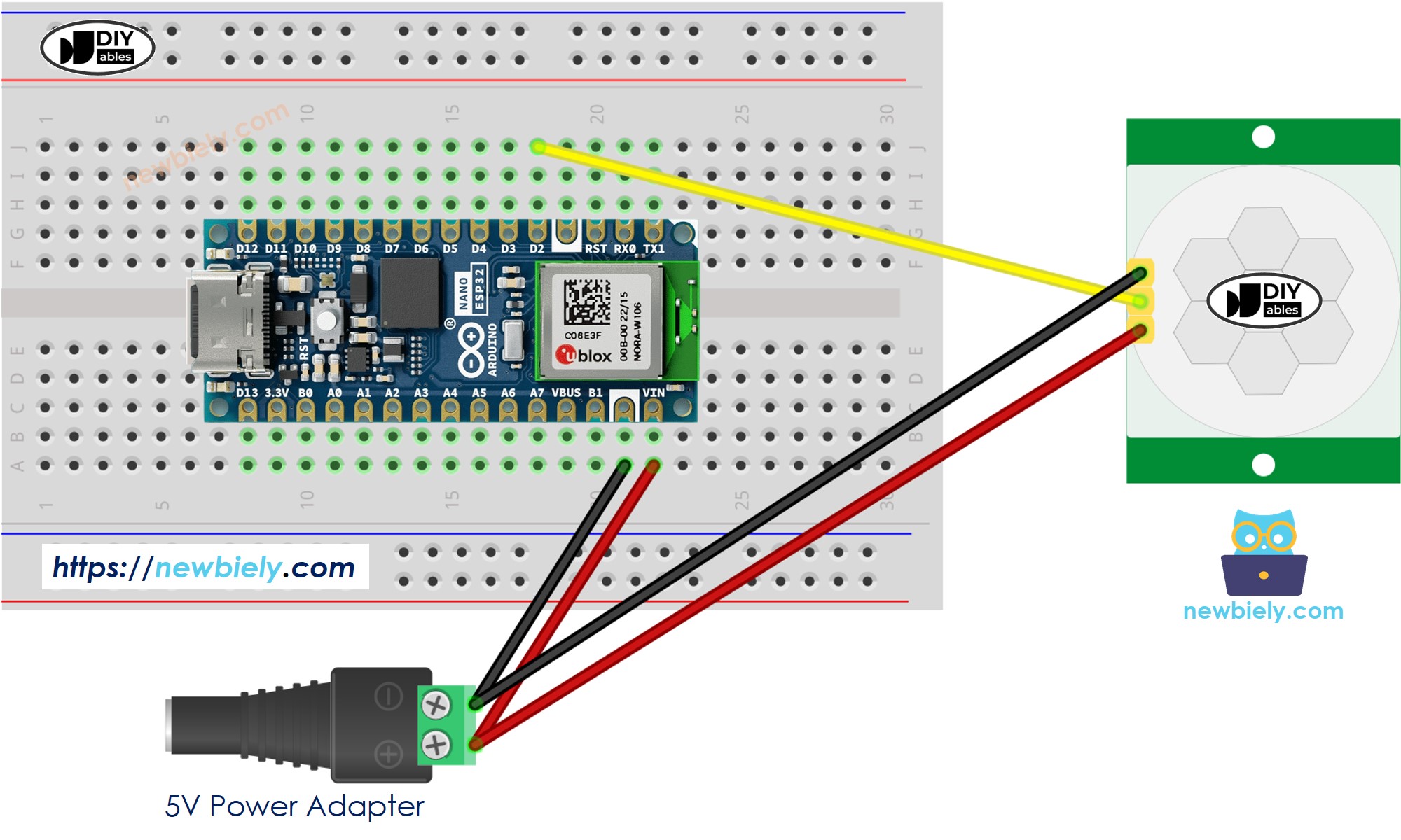 Esquema de cableado del sensor de movimiento para Arduino Nano ESP32 con fuente de alimentación externa