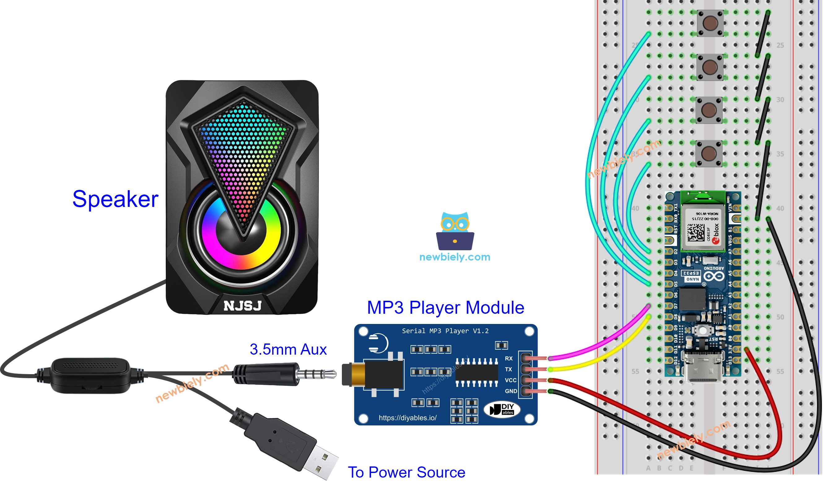 Diagrama de cableado para Arduino Nano ESP32, reproductor de MP3 y altavoz