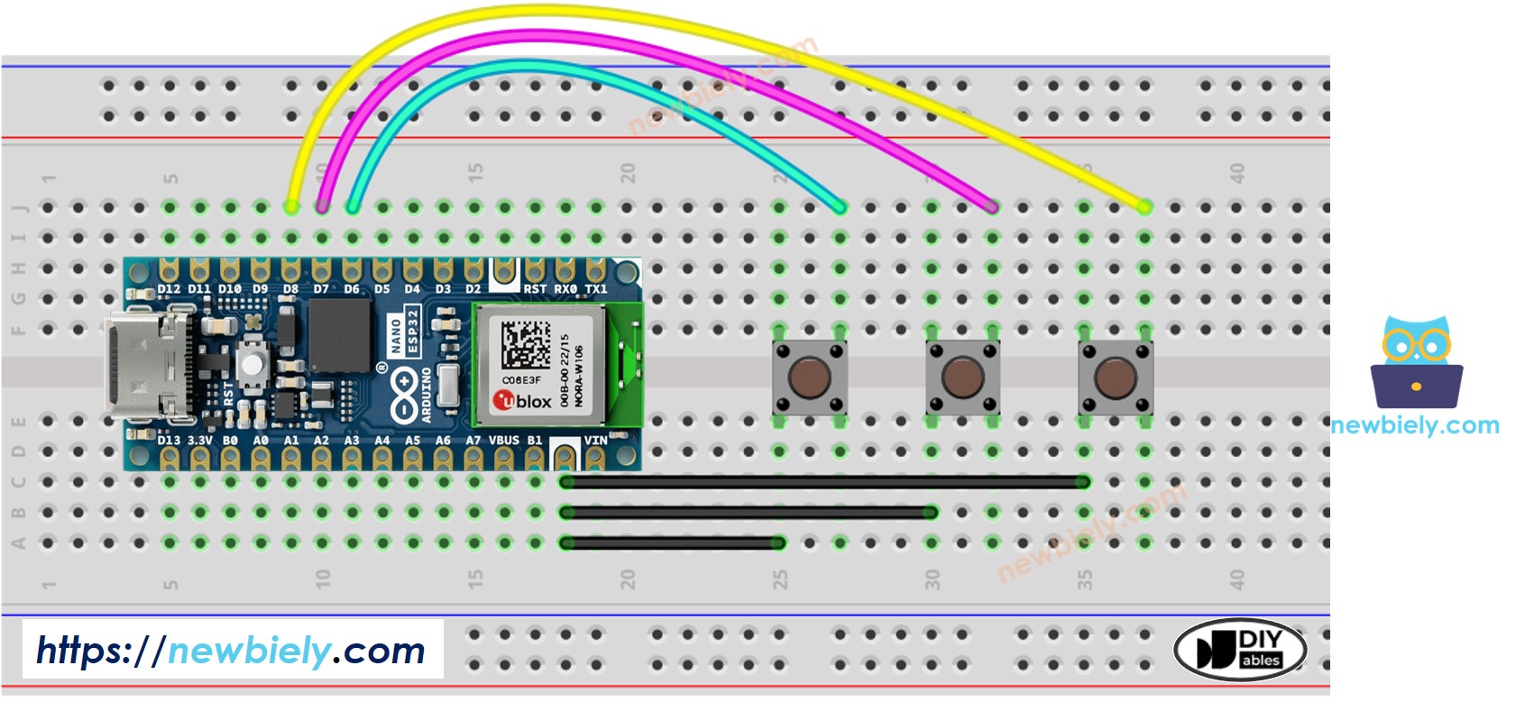 Diagrama de cableado de la biblioteca de botones para Arduino Nano ESP32