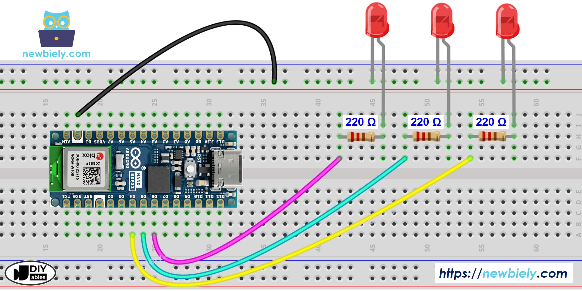 Esquema de cableado de varios LEDs para Arduino Nano ESP32