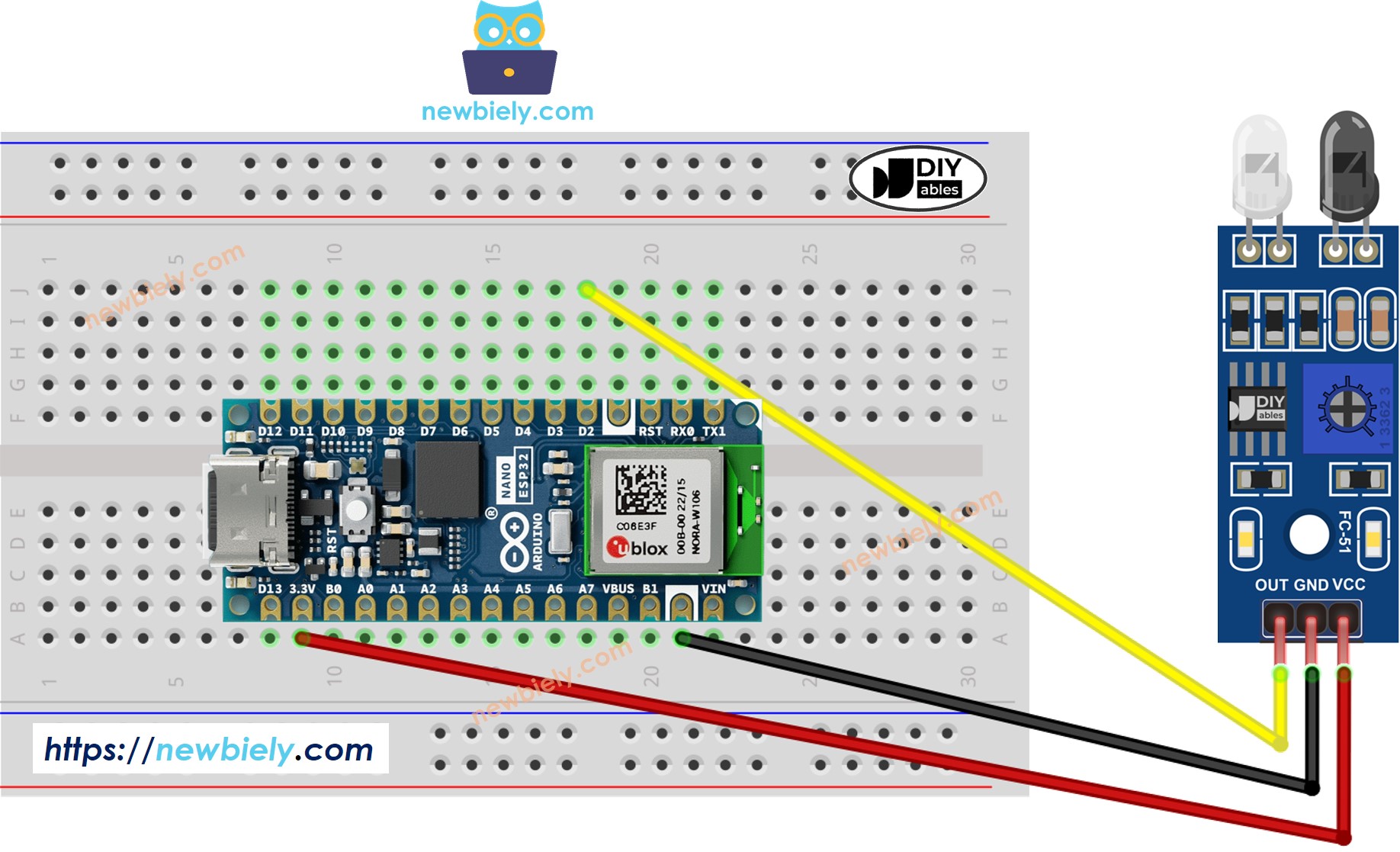 Diagrama de cableado del sensor IR de evitación de obstáculos para Arduino Nano ESP32