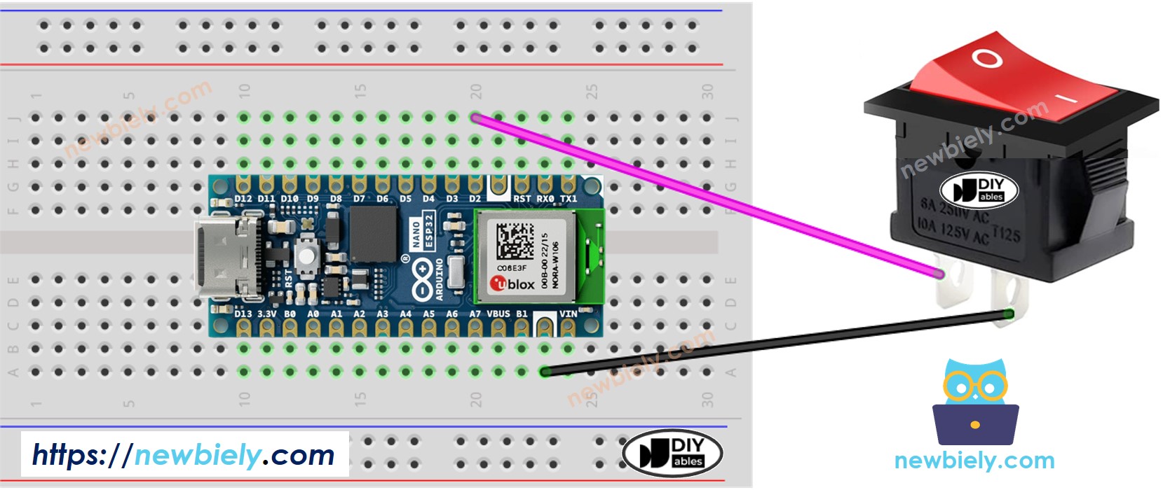 Diagrama de cableado del interruptor encendido/apagado para Arduino Nano ESP32