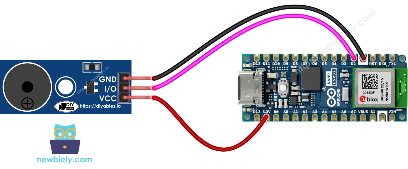 Diagrama de cableado del módulo de zumbador piezoeléctrico para Arduino Nano ESP32