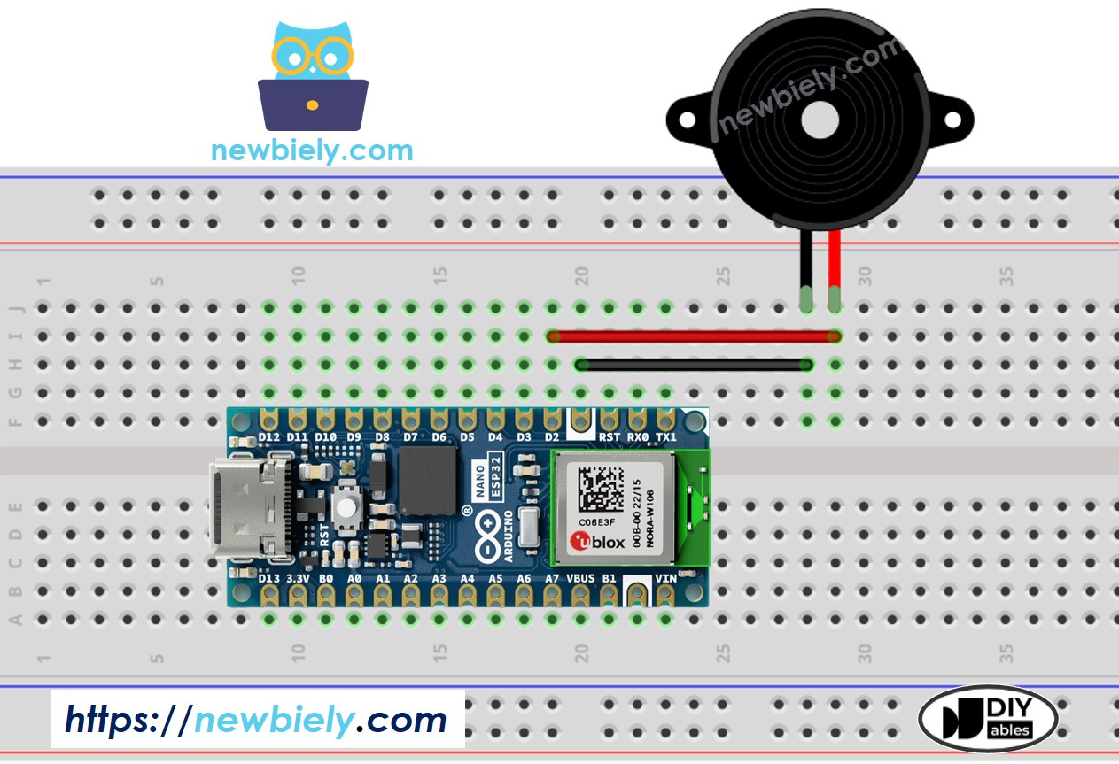 Diagrama de cableado del zumbador piezoeléctrico para Arduino Nano ESP32
