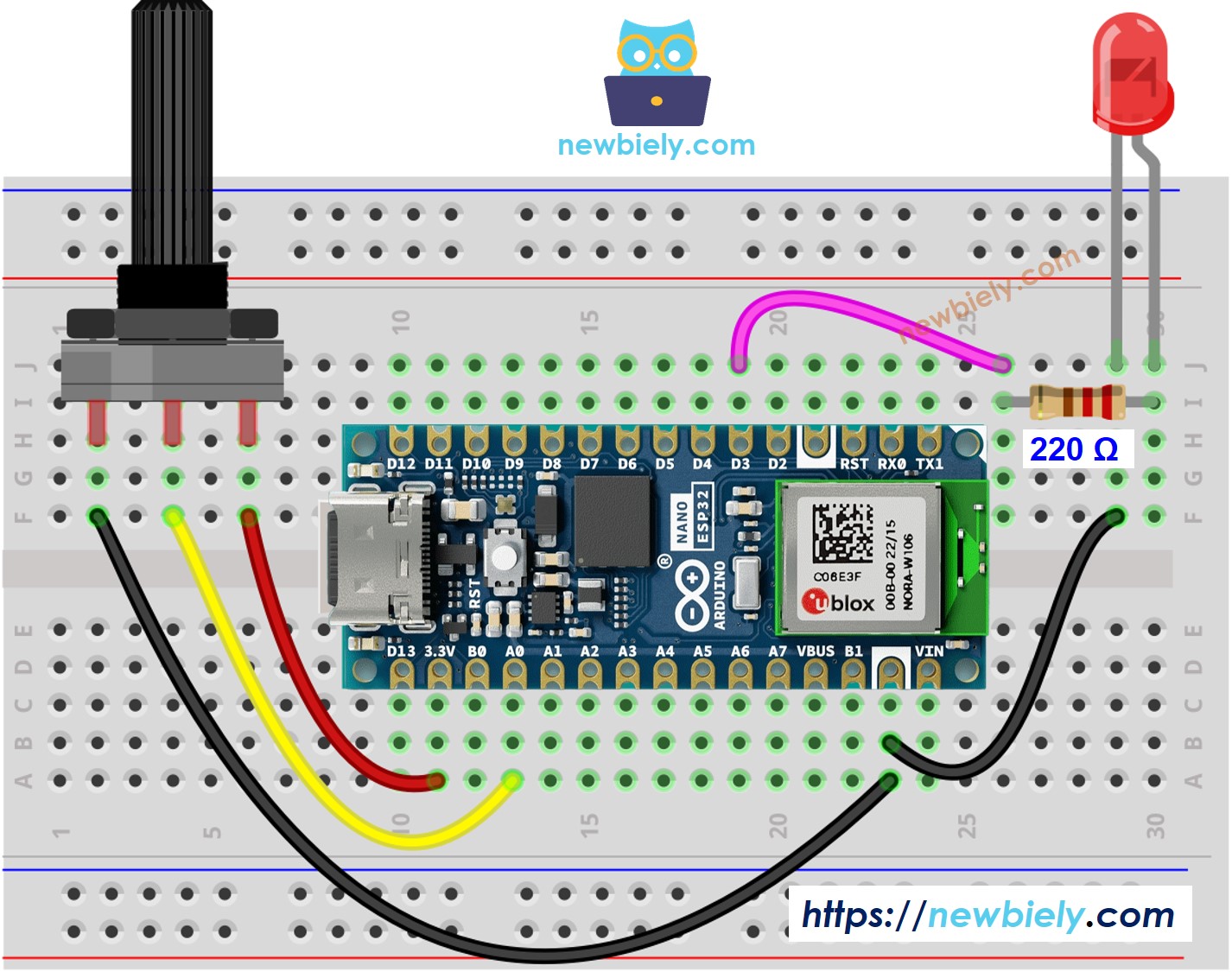 Diagrama de cableado de LED y potenciómetro giratorio para Arduino Nano ESP32