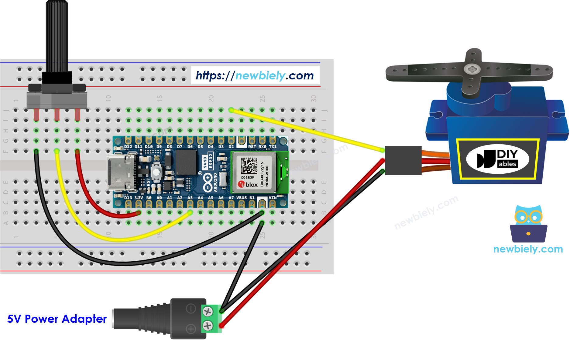 Diagrama de cableado de servomotor y potenciómetro para Arduino Nano ESP32