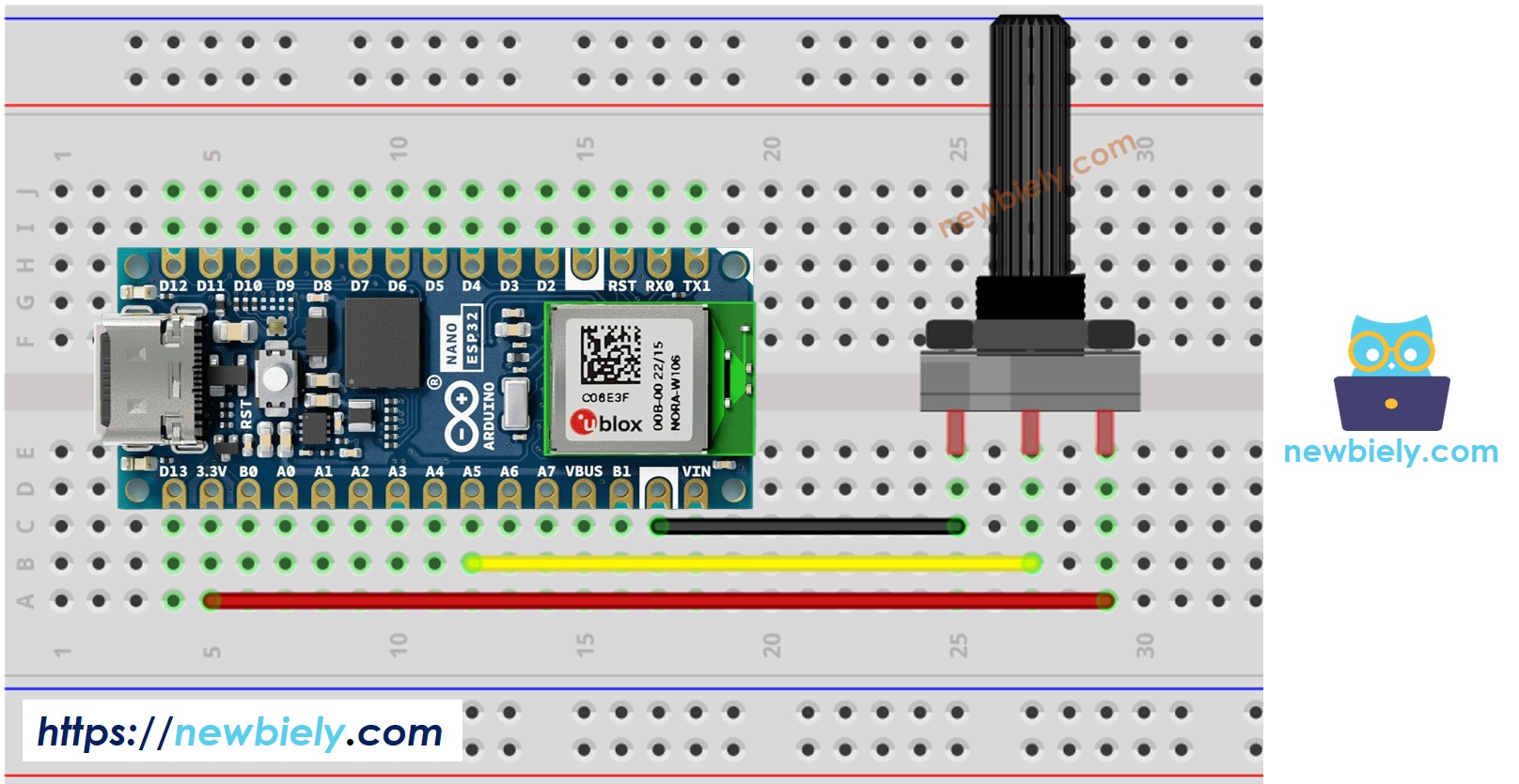 Diagrama de cableado del potenciómetro para Arduino Nano ESP32