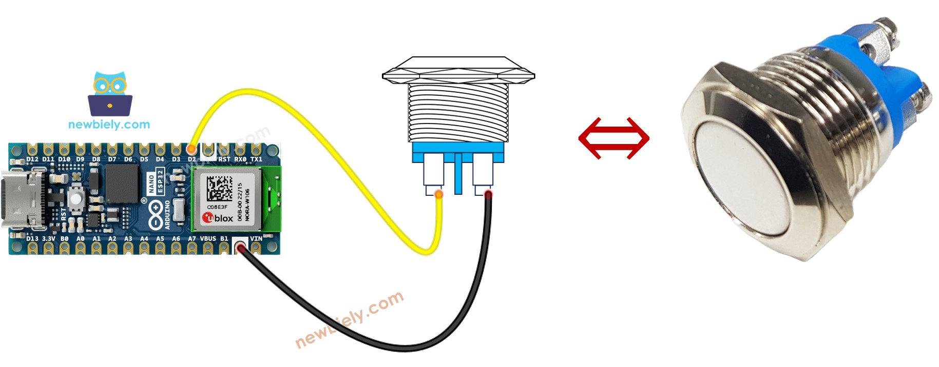 Diagrama de cableado de un pulsador de dos pines para Arduino Nano ESP32