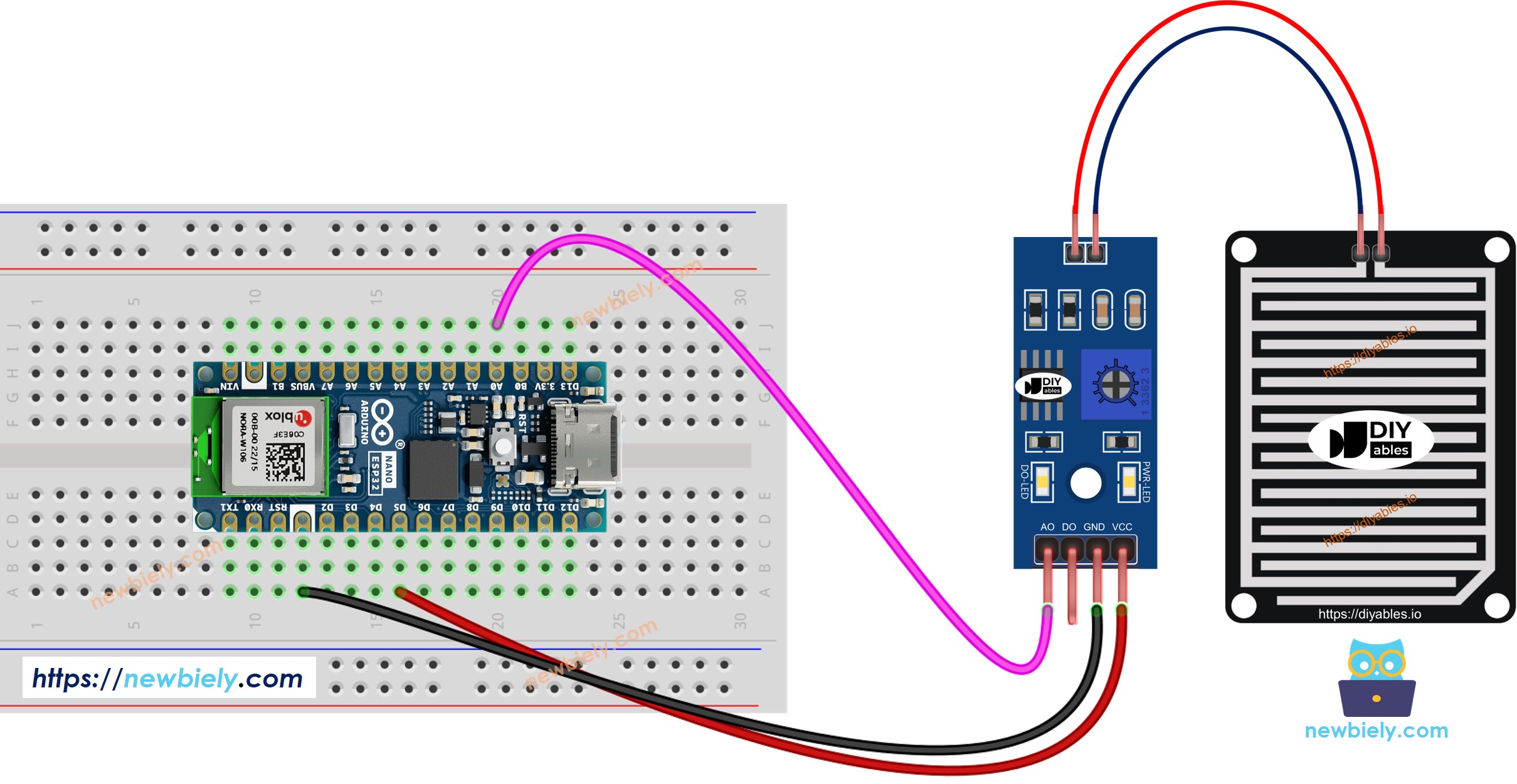 Diagrama de cableado para detección de lluvia con Arduino Nano ESP32