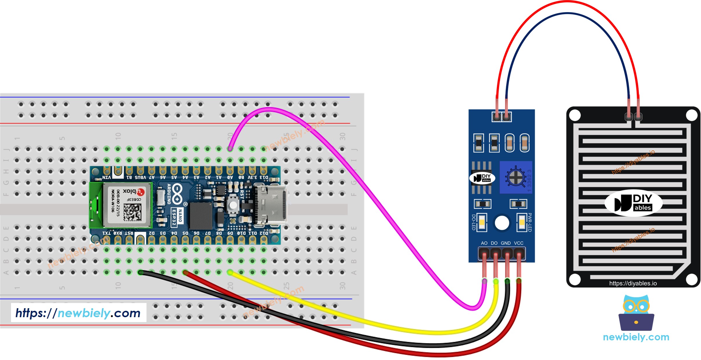 Diagrama de cableado para detector de lluvia con Arduino Nano ESP32
